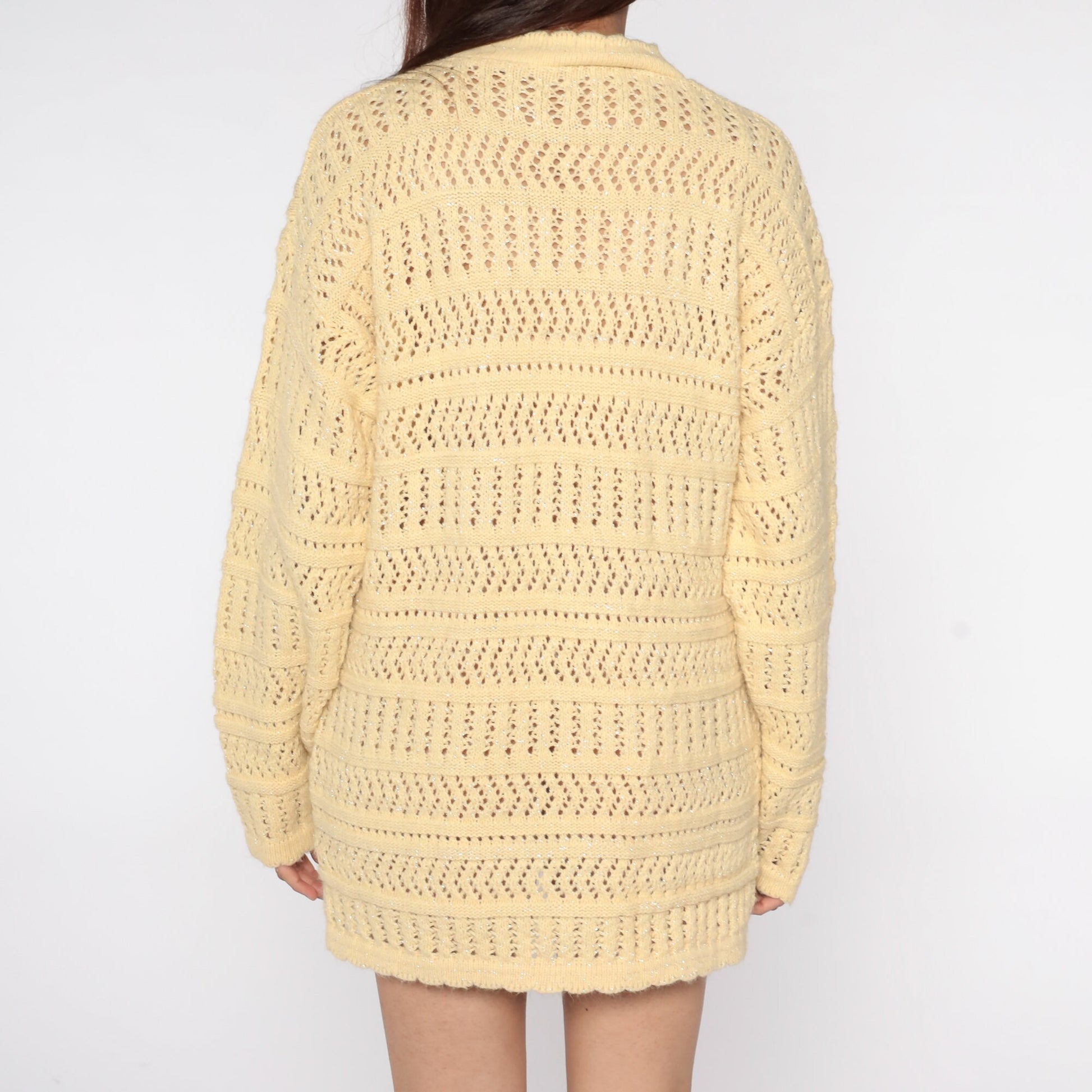 80s Yellow Metallic Knit Sweater Sheer Cutout Pullover Large