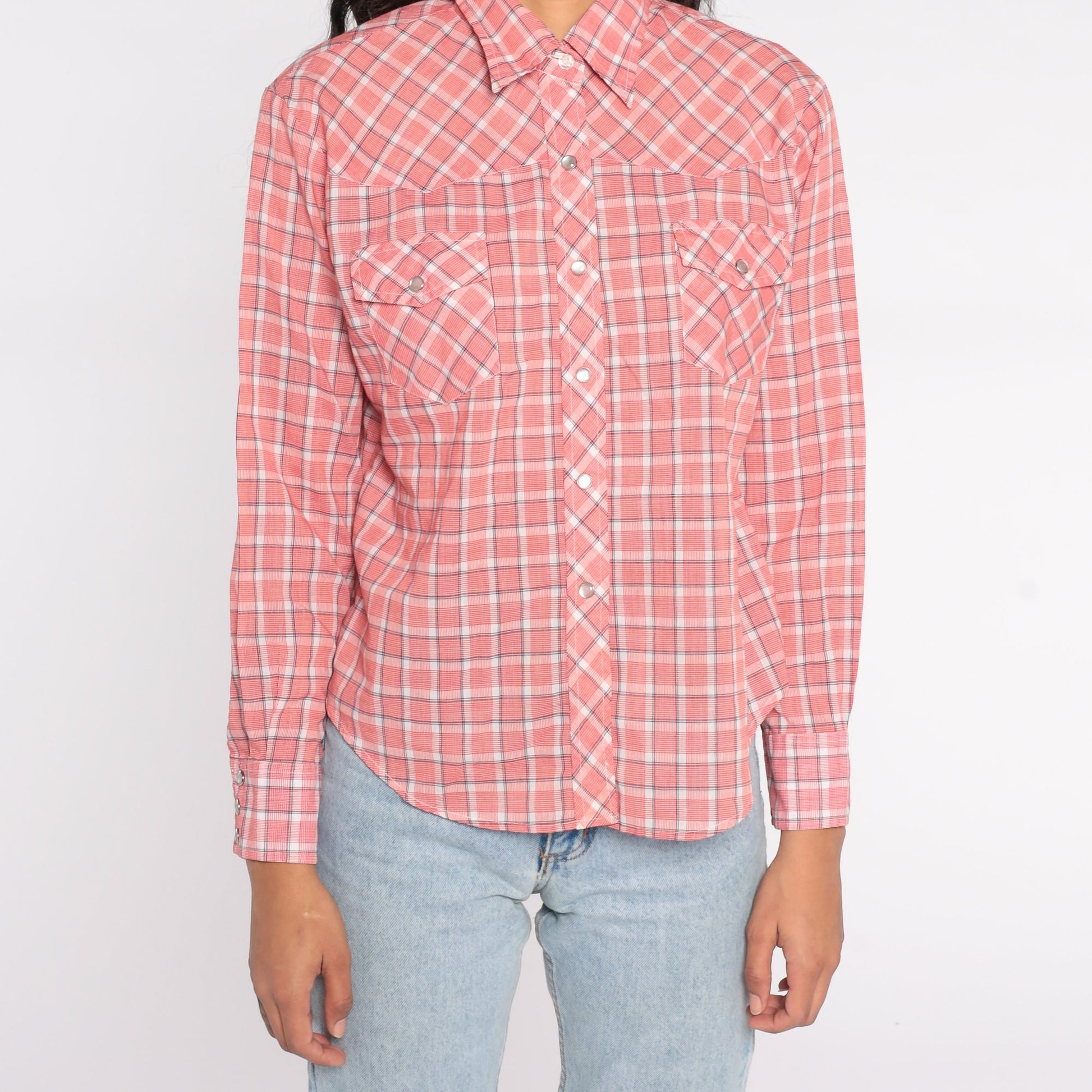 80s Western Shirt Red Plaid Pearl Snap Button Up Medium