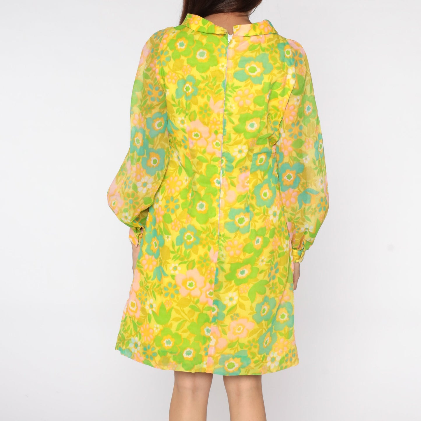 1970s Neon Yellow Floral Mini Shift Dress Long Sleeve Small S
