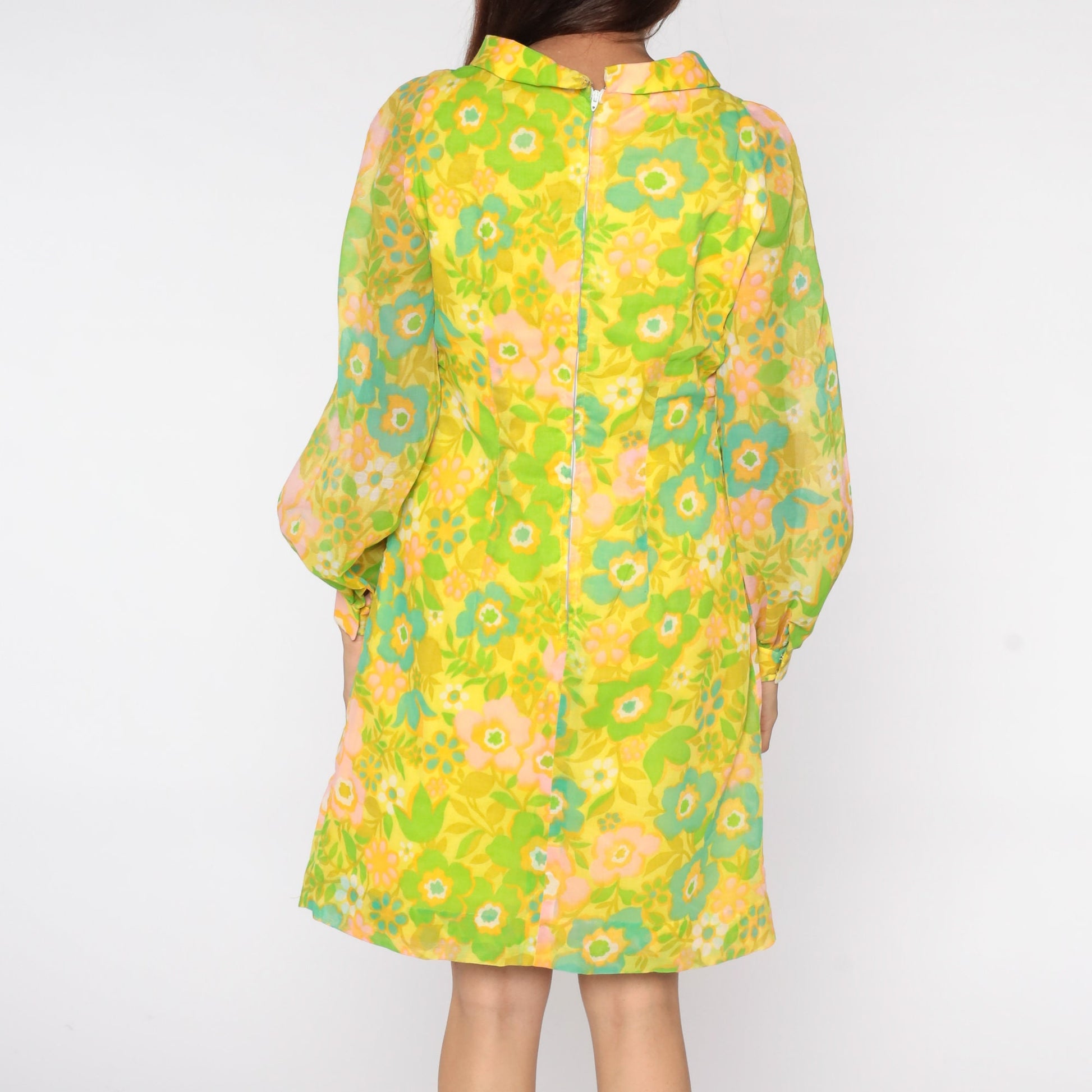 1970s Neon Yellow Floral Mini Shift Dress Long Sleeve Small S