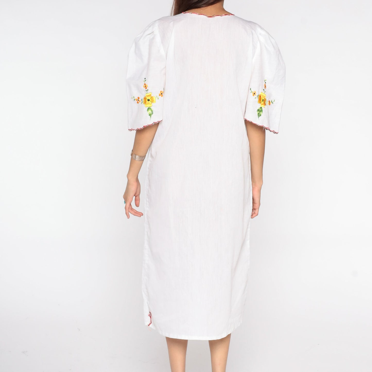 1980s Mexican Embroidered Floral Midi Dress White Cotton Puff Sleeve Medium