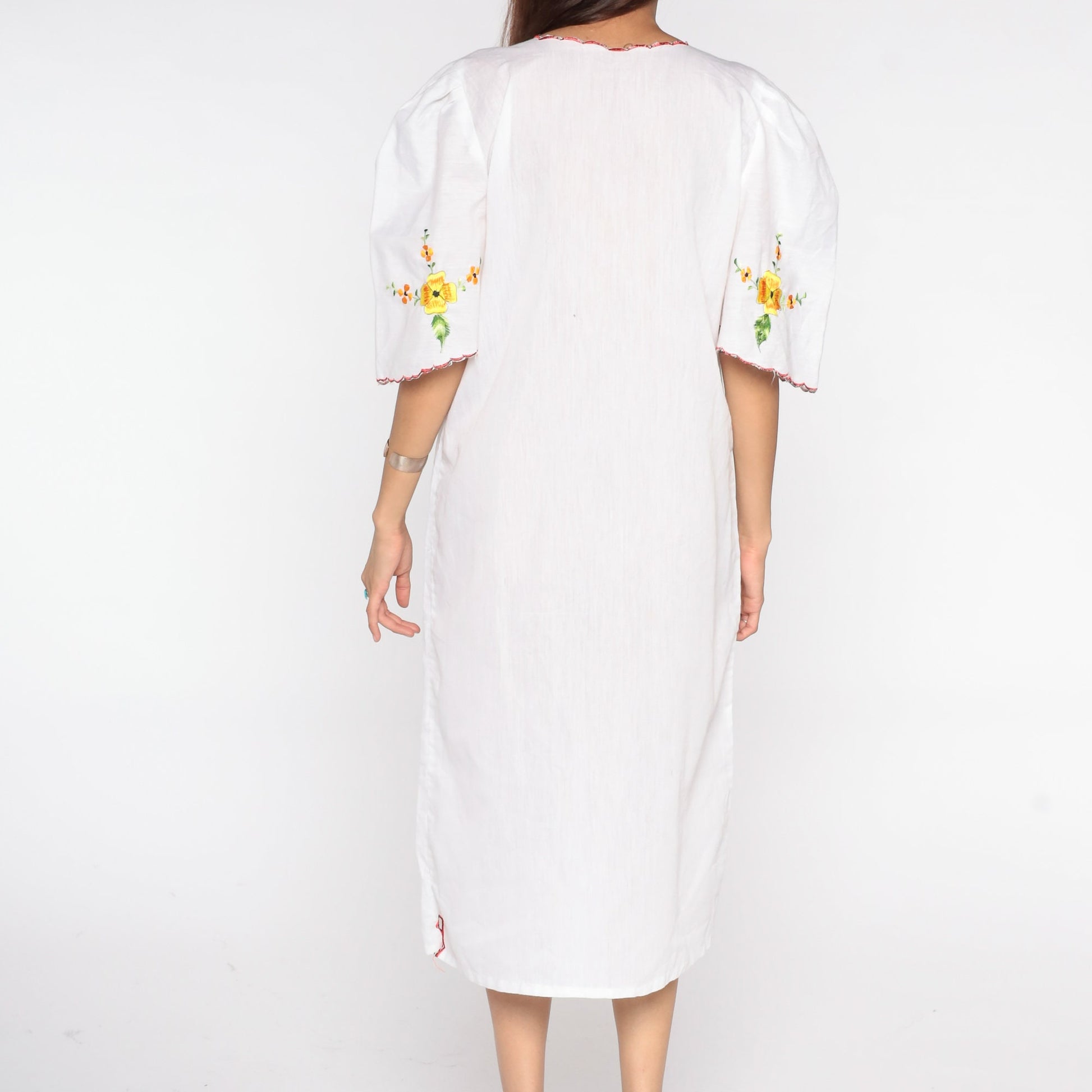 1980s Mexican Embroidered Floral Midi Dress White Cotton Puff Sleeve Medium