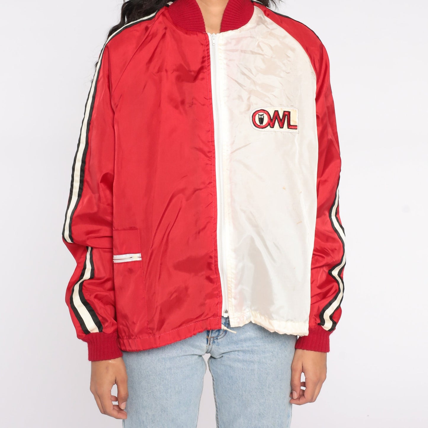 70s Red White Colour Block Windbreaker Jacket Owl Patch Zip Nylon Extra Large