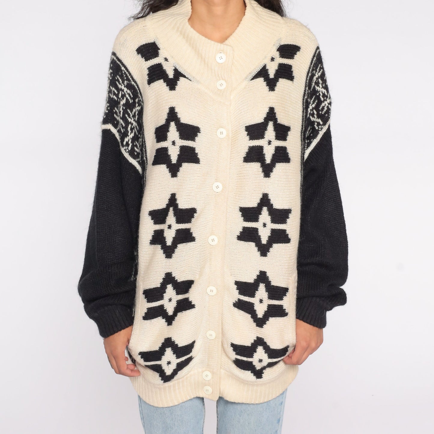 80s Fair Isle Cardigan Off-White Snowflake Knit Button-Up Large L