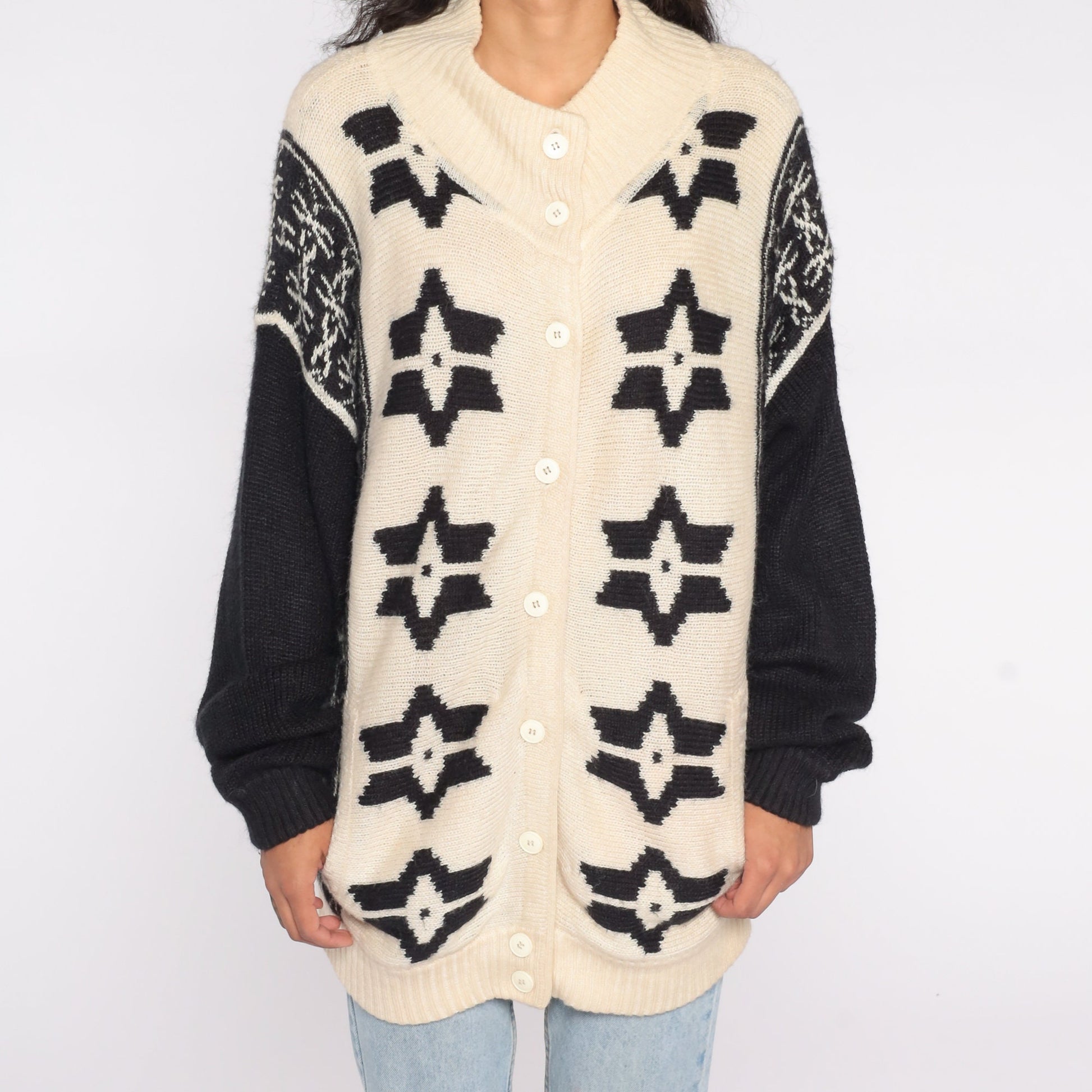 80s Fair Isle Cardigan Off-White Snowflake Knit Button-Up Large L