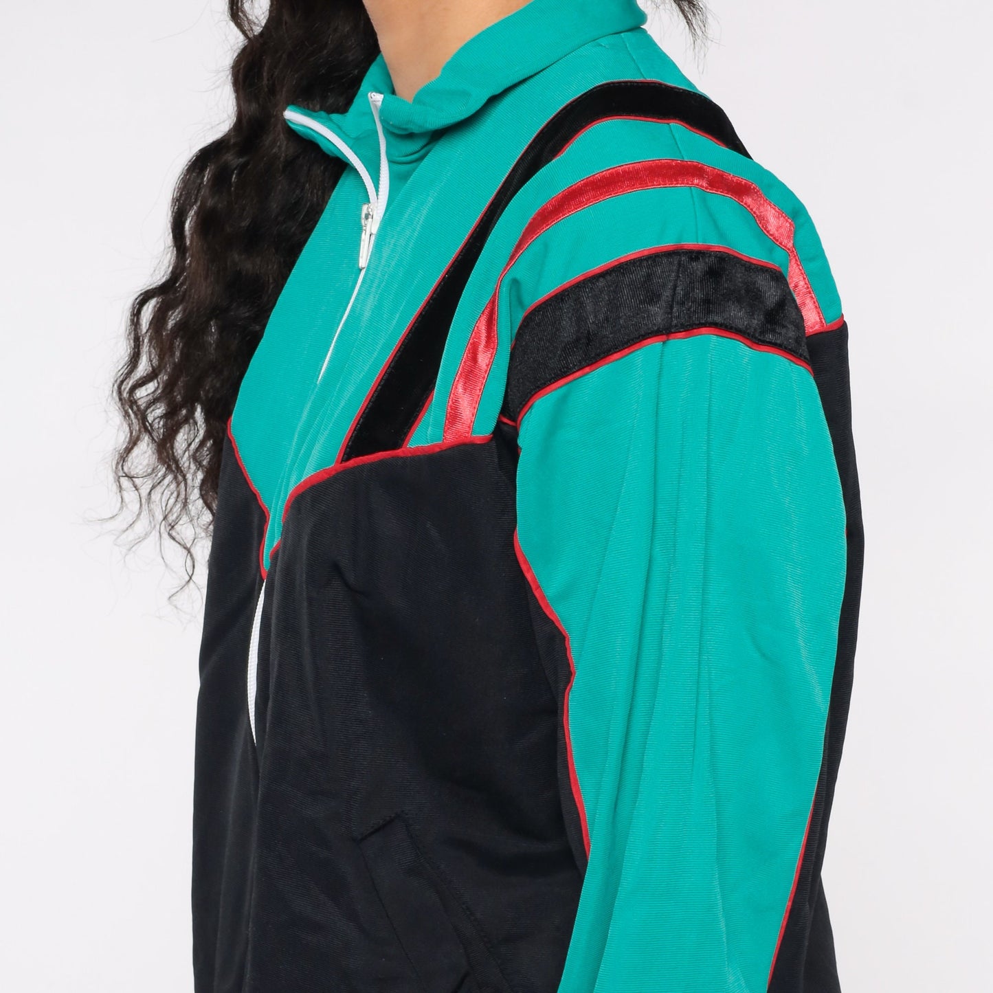 80s Track Jacket Zip-Up Sweatshirt Black Teal Colour Block Medium