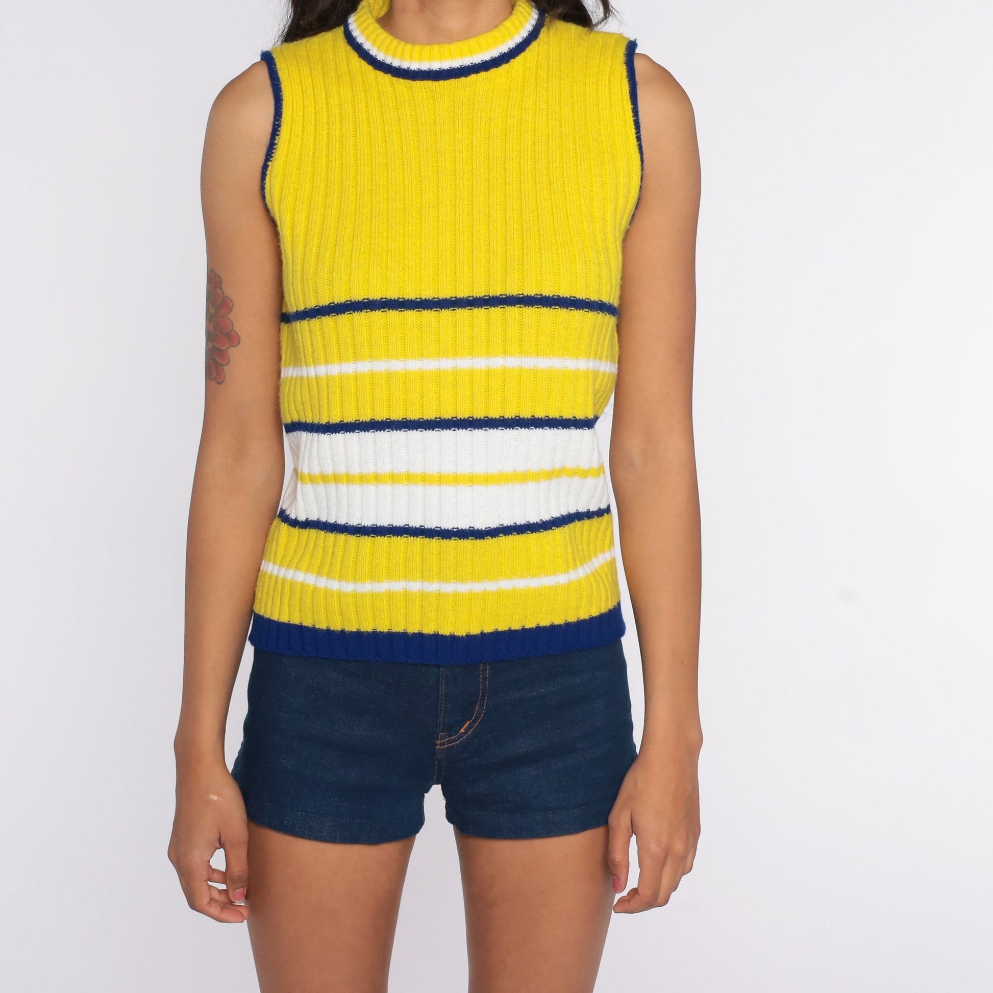 70s Yellow Striped Knit Tank Top Sleeveless Sweater Vest Medium