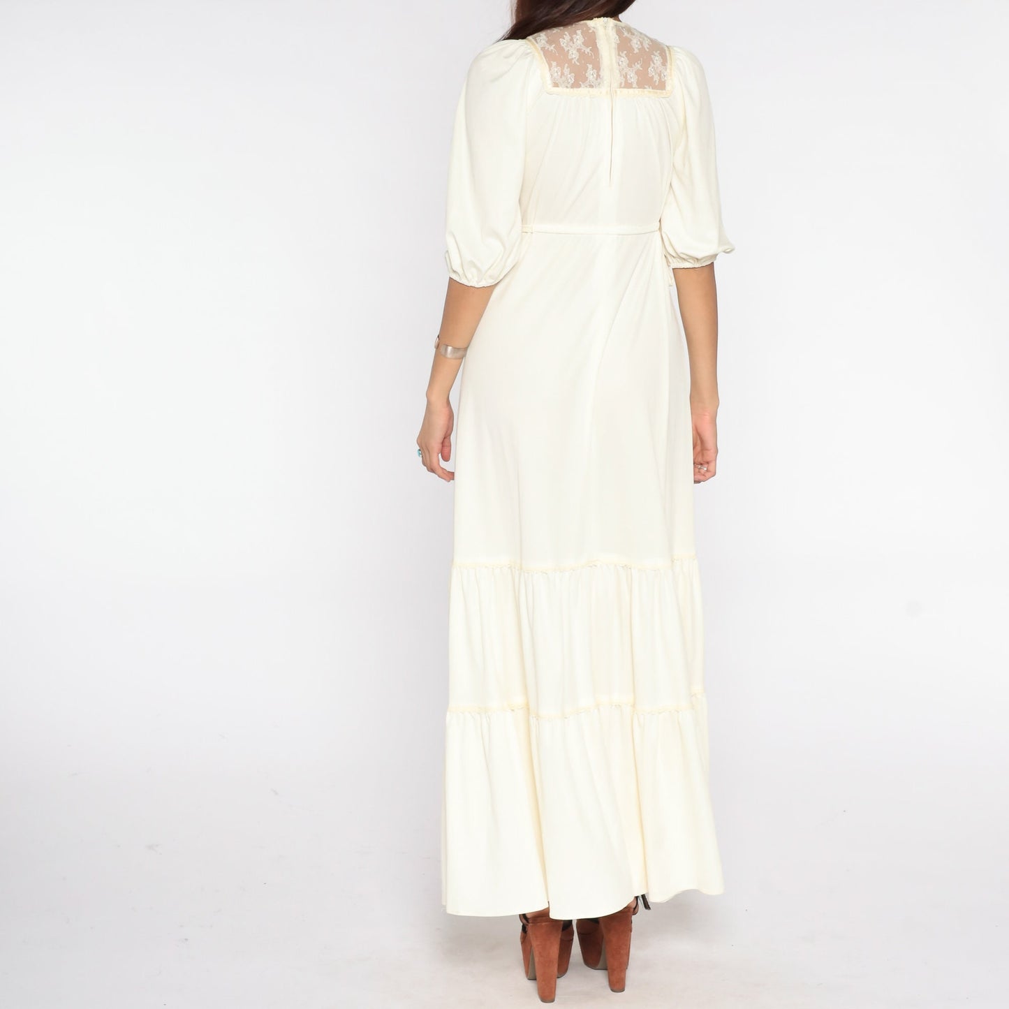1970s Cream Lace Maxi Dress Puff Sleeve High Waist Tiered Small