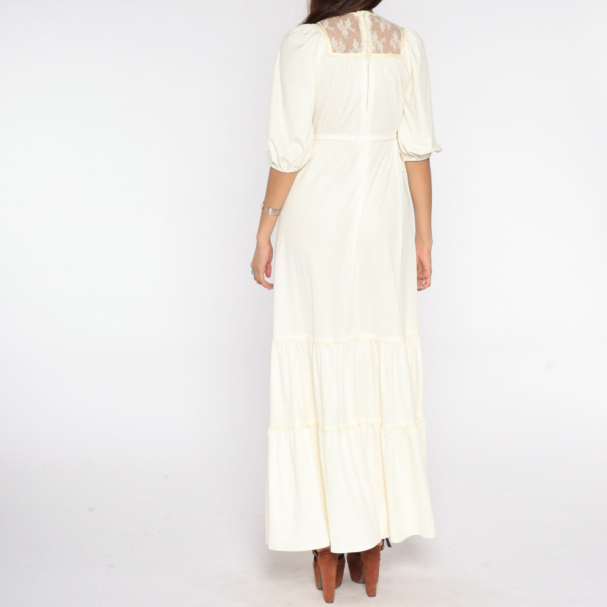 1970s Cream Lace Maxi Dress Puff Sleeve High Waist Tiered Small
