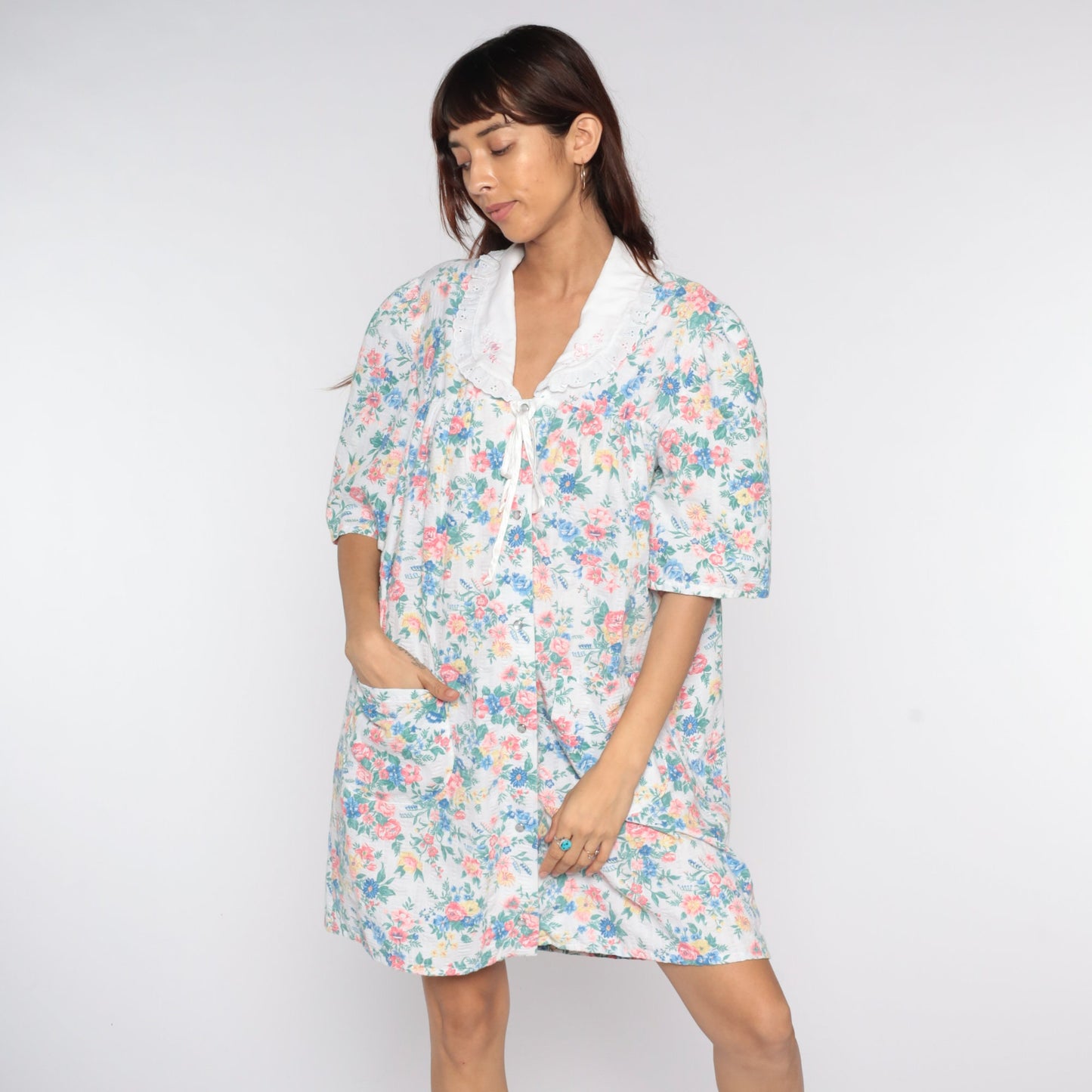 80s Floral Dress with Lace Collar Short Sleeve White Cotton Mini Large L