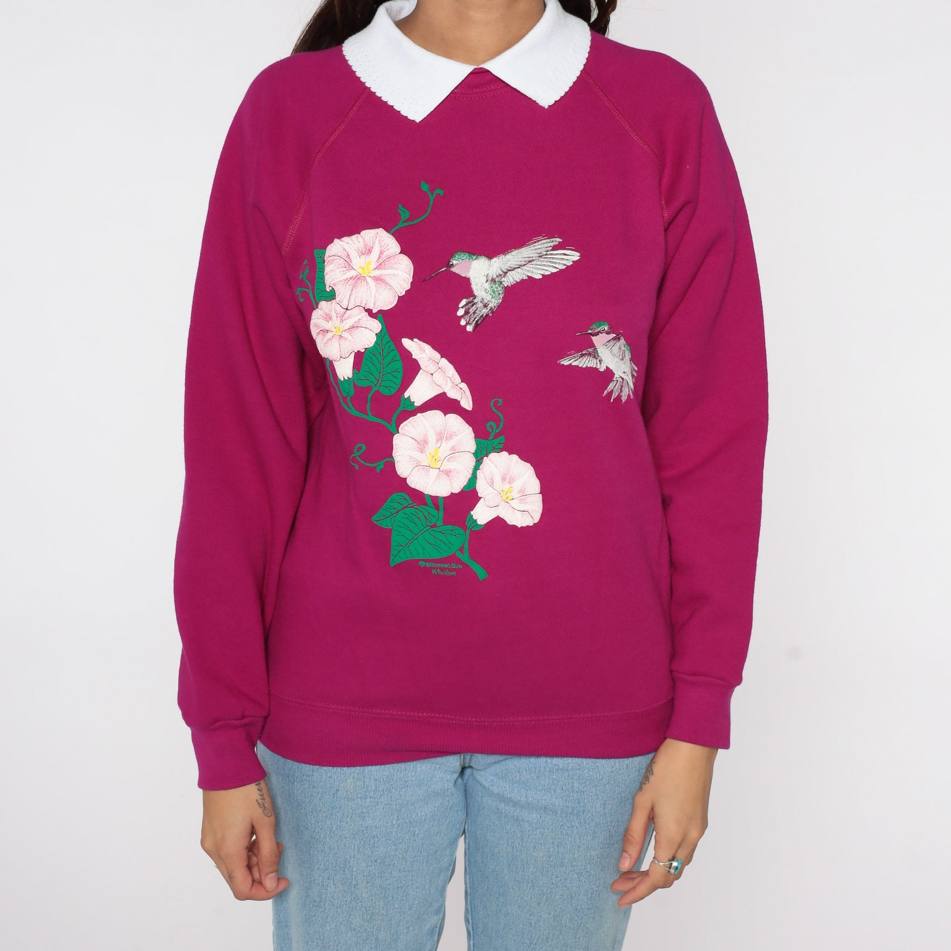 80s Hummingbird Floral Sweatshirt Magenta Graphic Collared Crewneck Medium