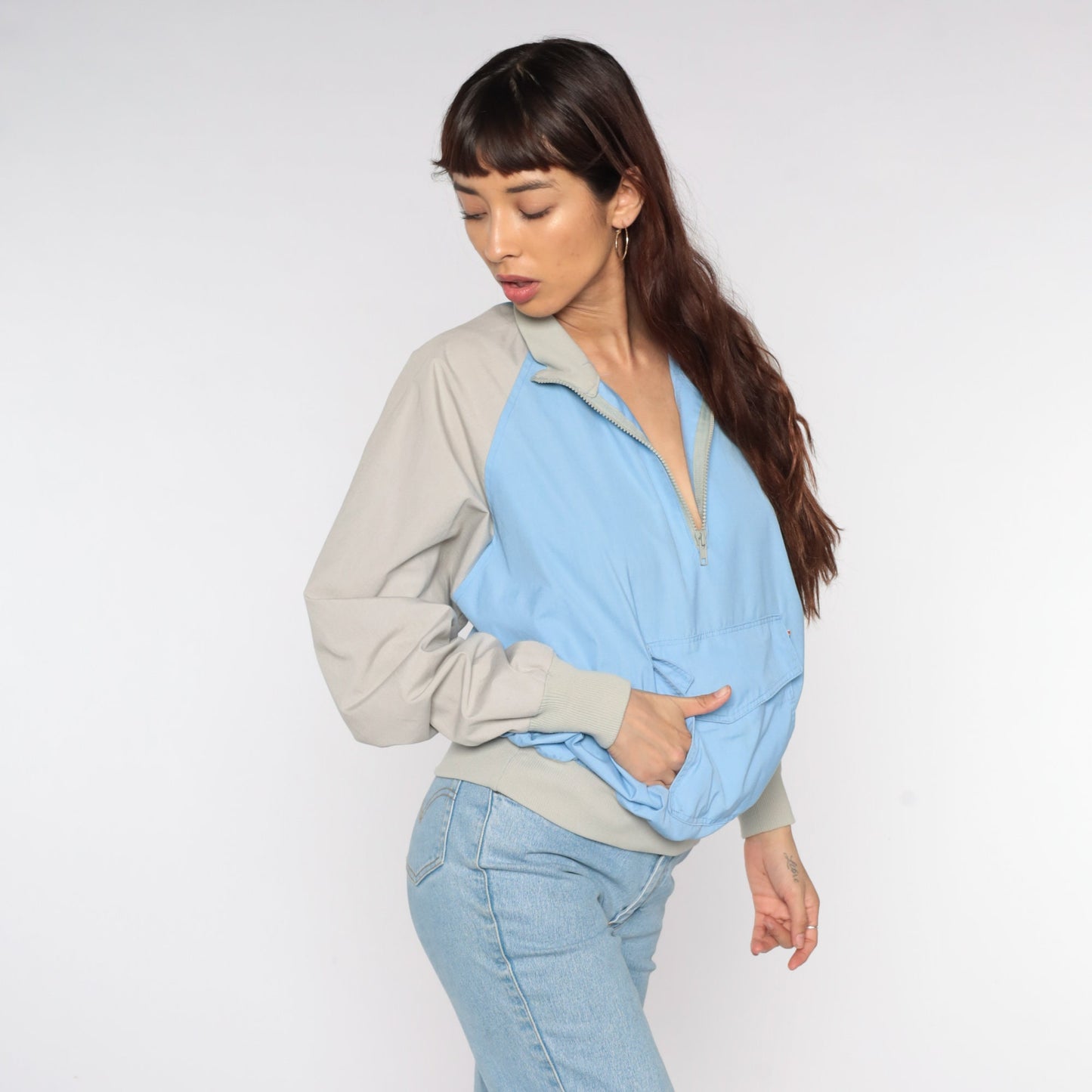 80s Baby Blue Taupe Raglan Windbreaker Half Zip Pullover Jacket Large