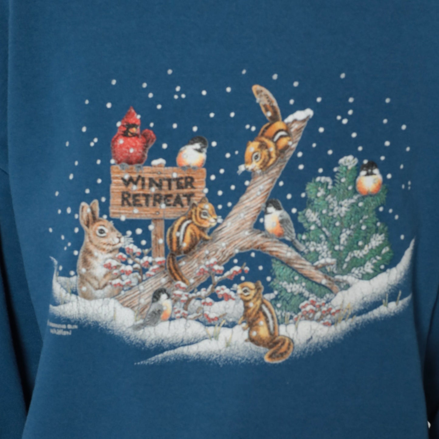 80s Winter Animal Graphic Sweatshirt Blue Mock Neck Bunny Squirrel Birds Large L
