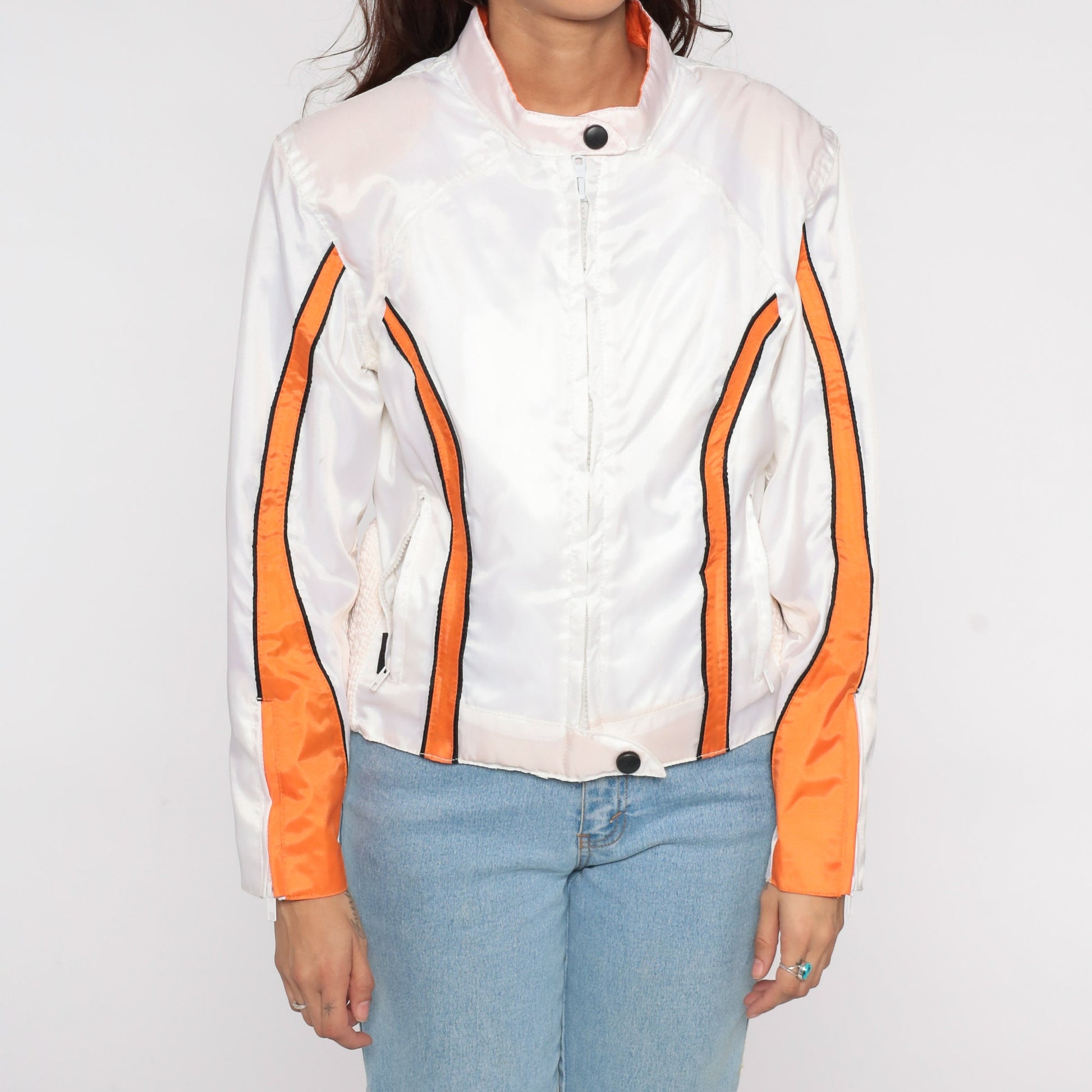 80s White Moto Jacket Orange Stripes Cafe Racer Windbreaker Medium