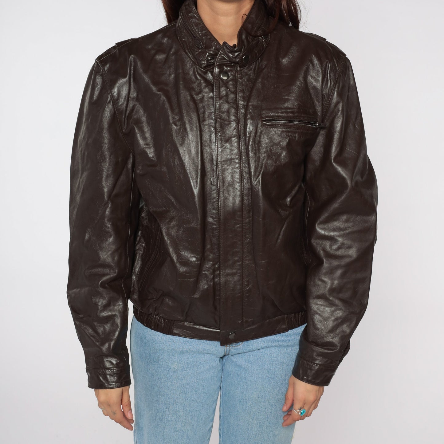 80s Brown Leather Moto Jacket Zip Collared Motorcycle Coat Large