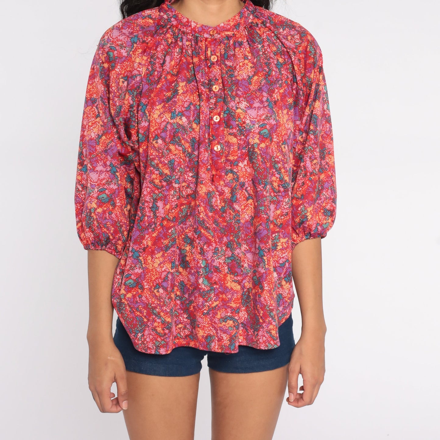 70s Psychedelic Abstract Button-Up Blouse Long Sleeve Tunic Shirt Medium Large
