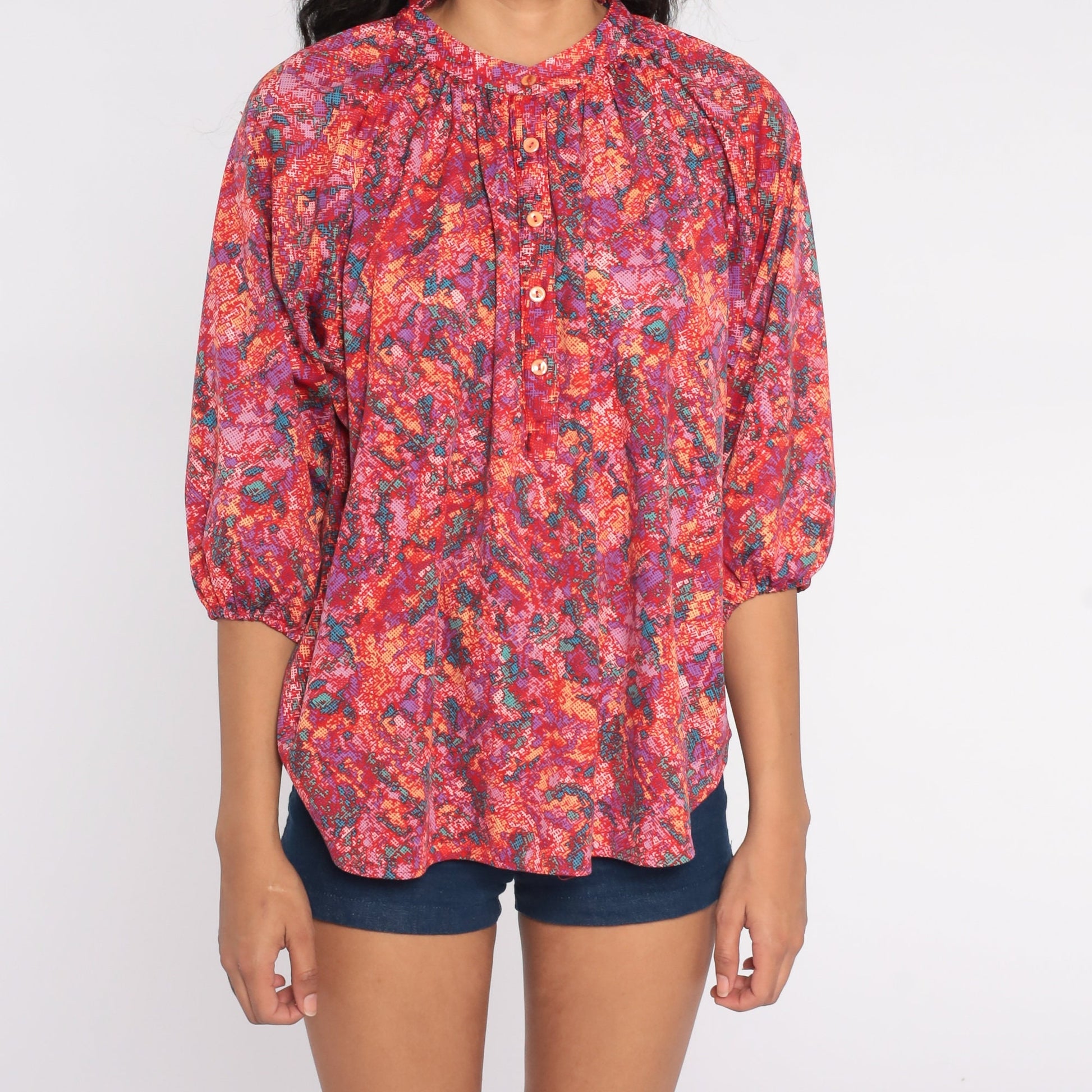 70s Psychedelic Abstract Button-Up Blouse Long Sleeve Tunic Shirt Medium Large