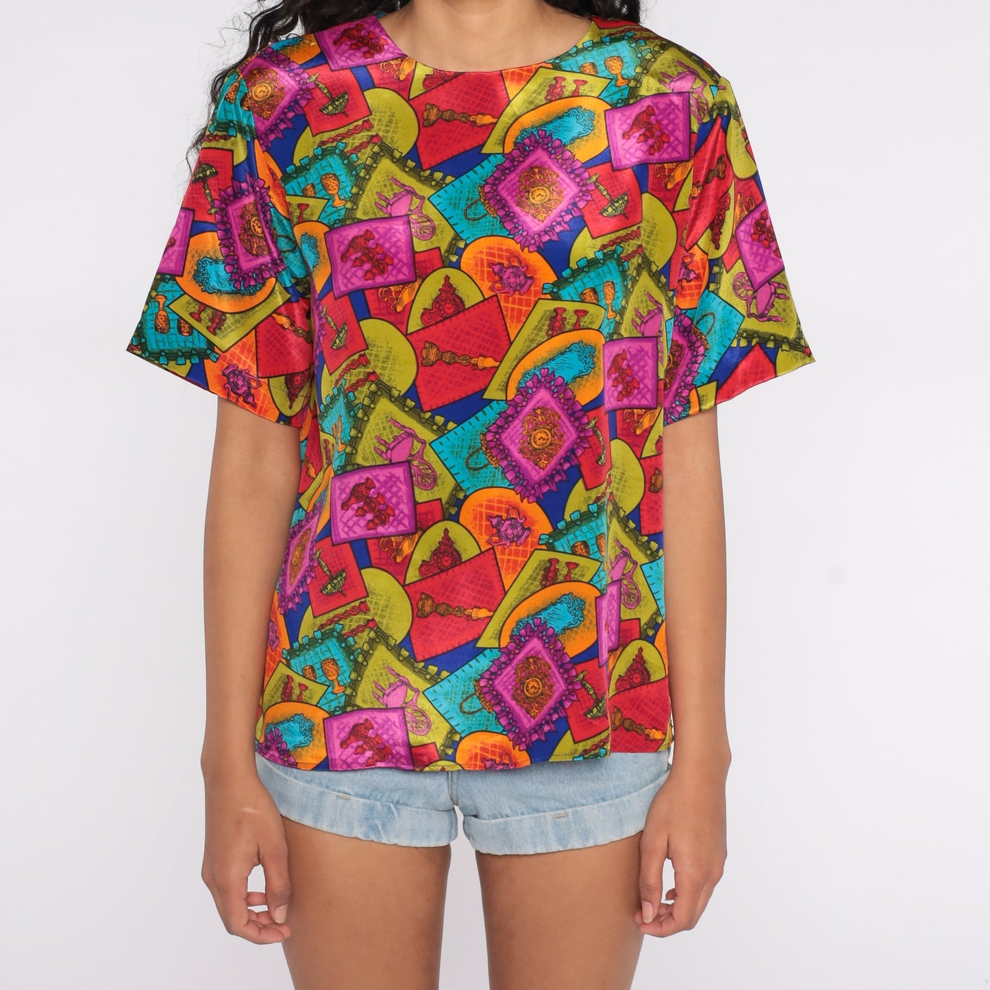 80s Geometric Furniture Print Blouse Cap Sleeve Multicolor Statement Top Large L