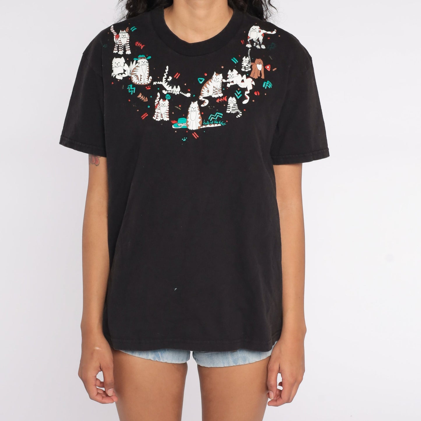 90s Cat T Shirt Tails of the West Kitten Graphic Tee Black Large L