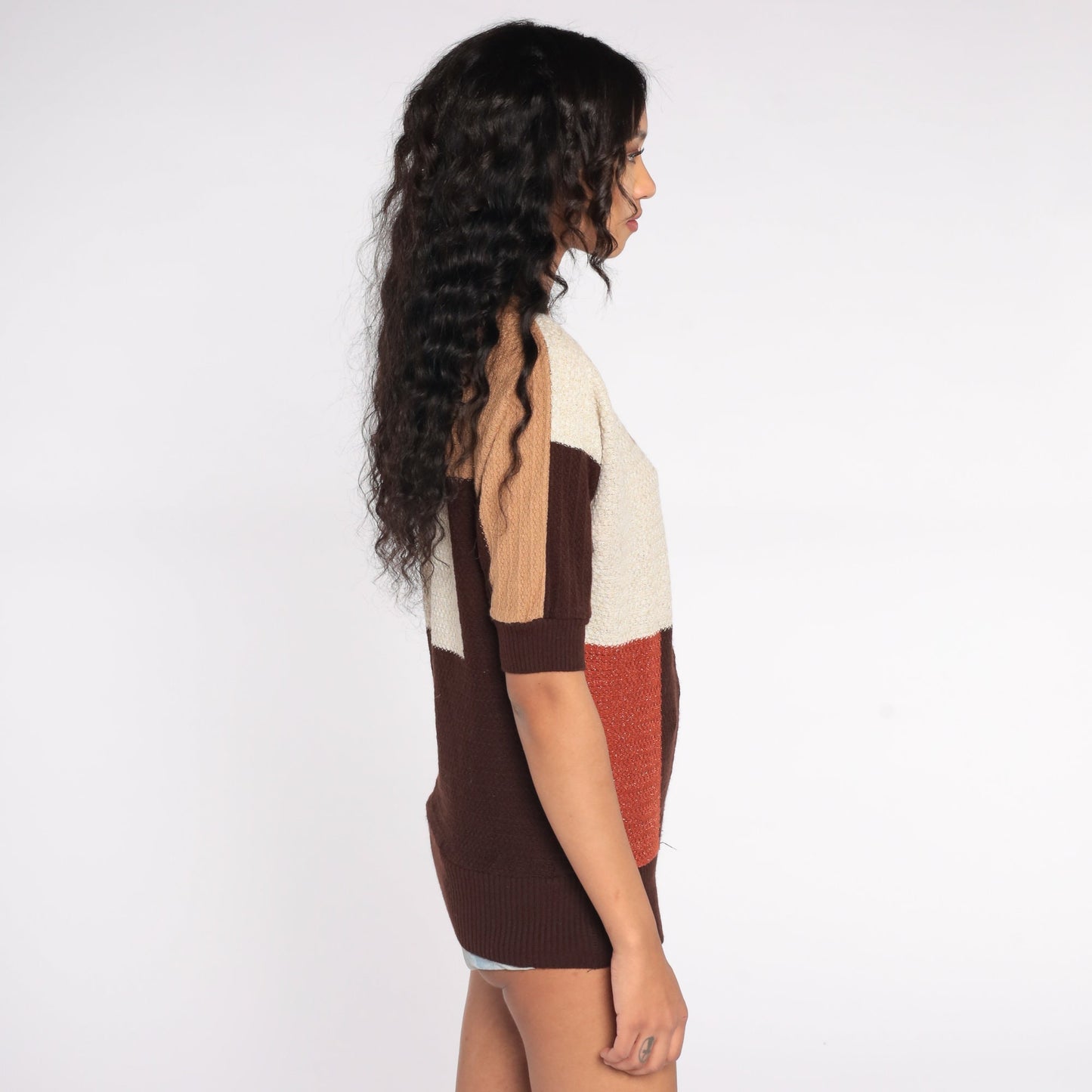 80s Color Block Knit Top Short Sleeve Striped Sweater Cream Rust Brown Small S