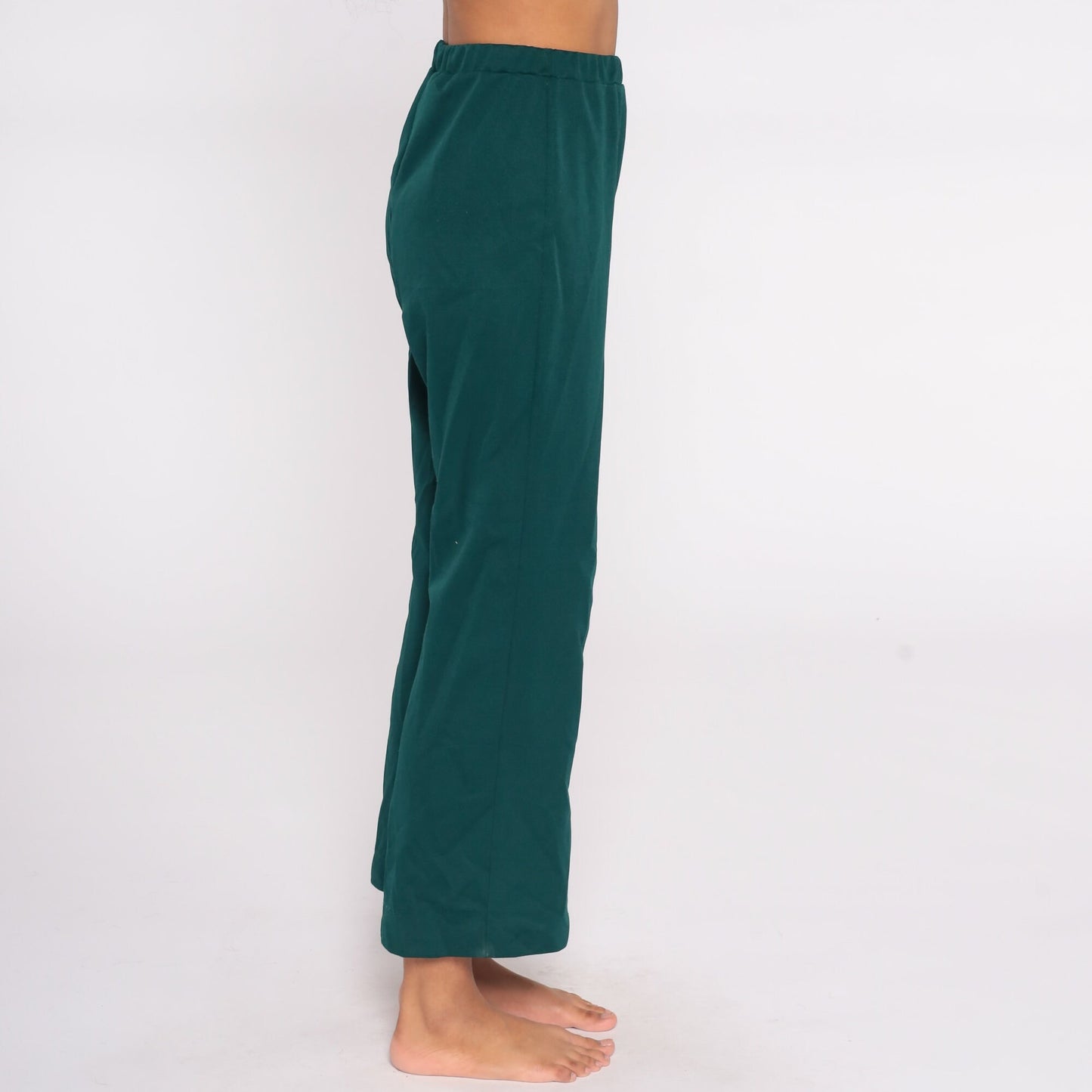 70s Green Bell Bottom Trousers High Waist Flared Polyester Small Medium