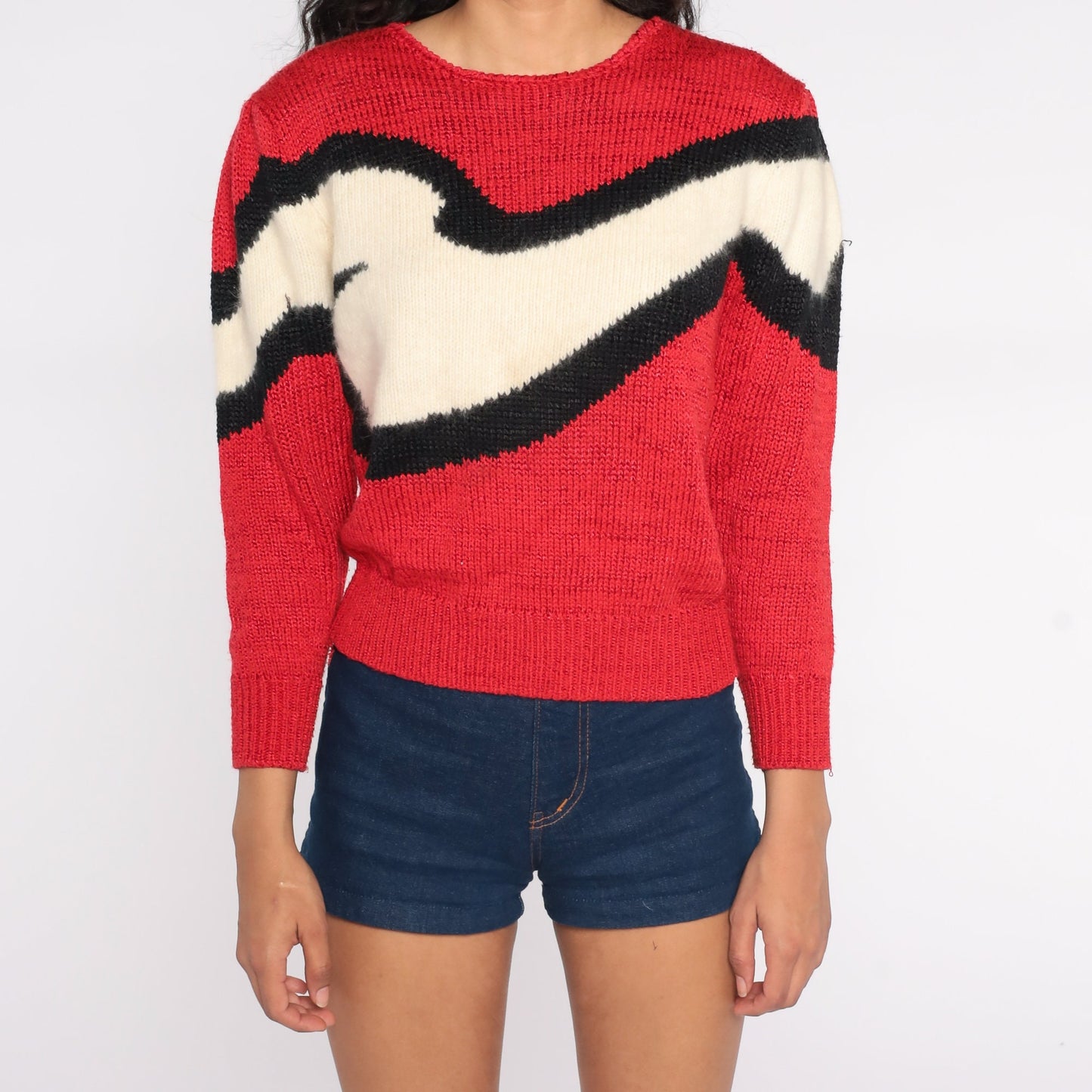 80s Puff Sleeve Sweater Red Cream Stripe Angora Wool Blend Knit Small
