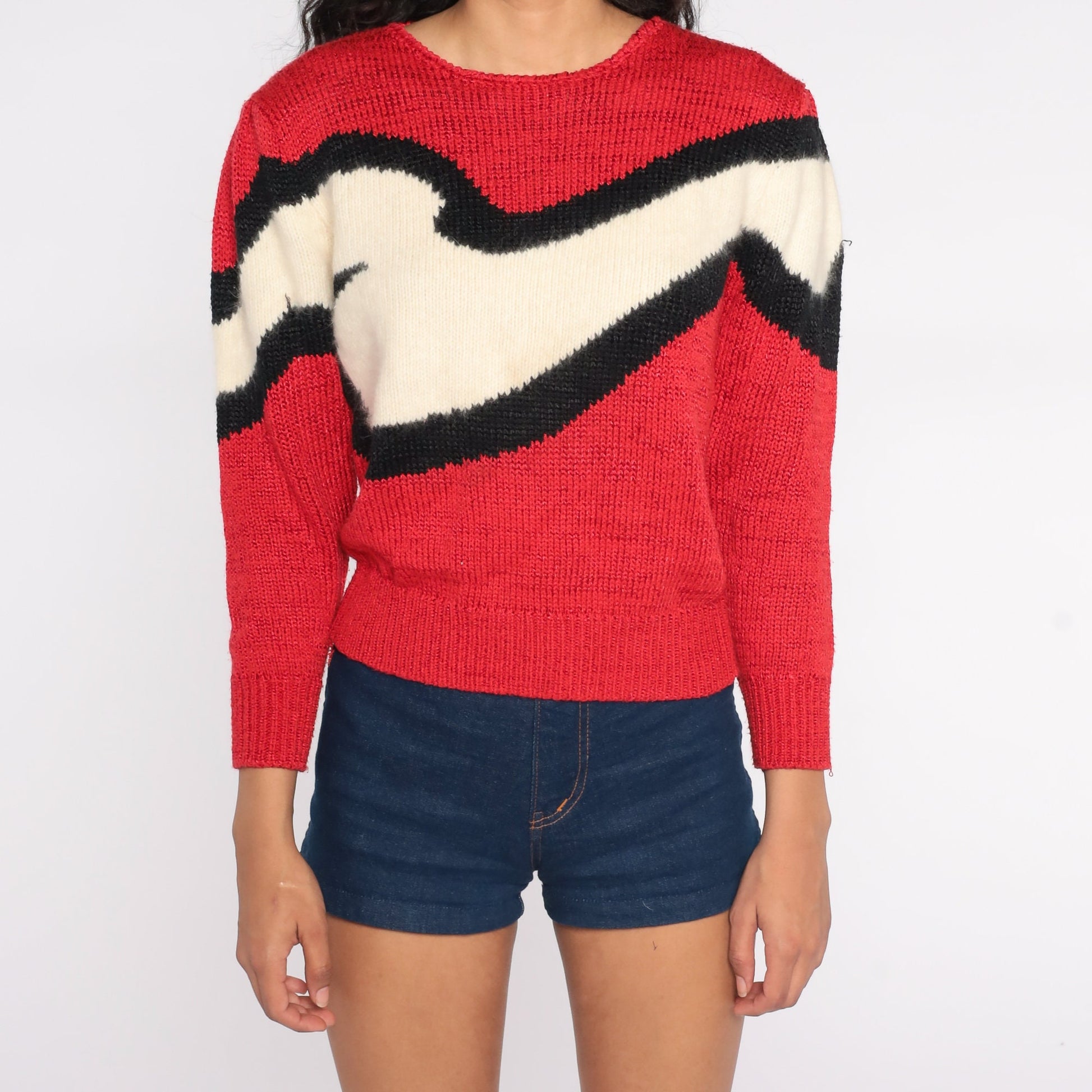 80s Puff Sleeve Sweater Red Cream Stripe Angora Wool Blend Knit Small