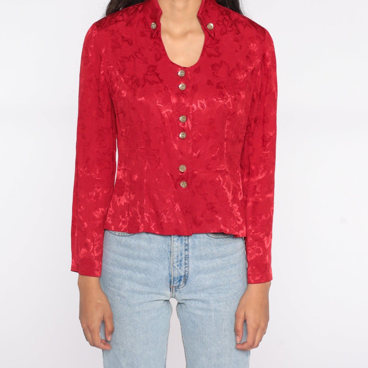 90s Red Leaf Embossed Button-Up Blouse Long Sleeve Medium M