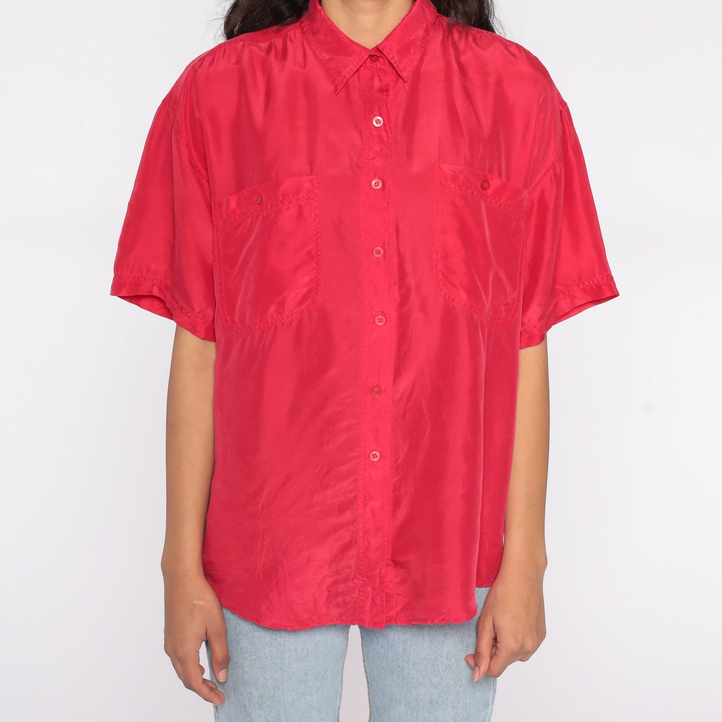 90s Red Silk Button-Up Shirt Short Sleeve Blouse Medium M