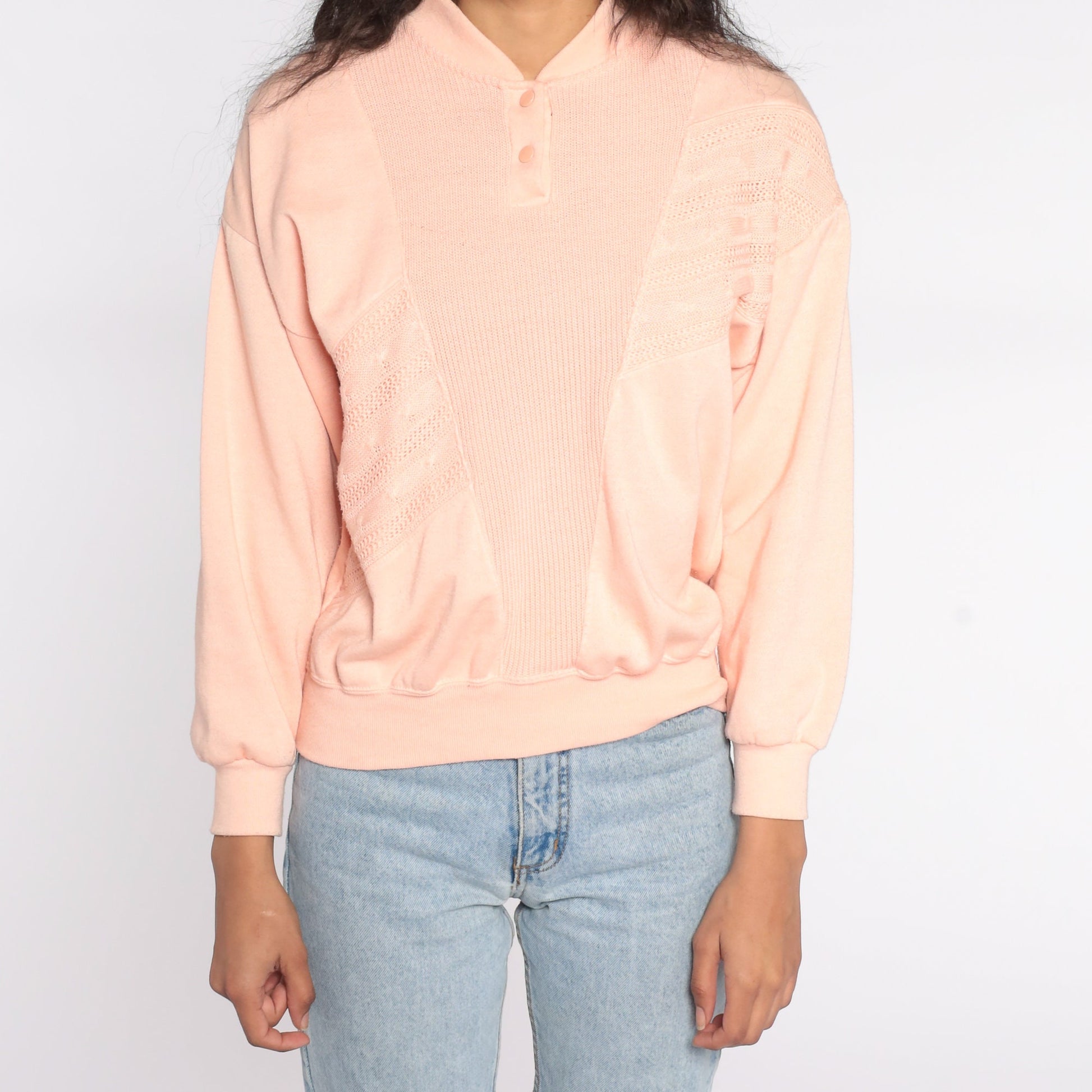 80s Peach Henley Sweatshirt Button Neck Long Sleeve Knit Small S
