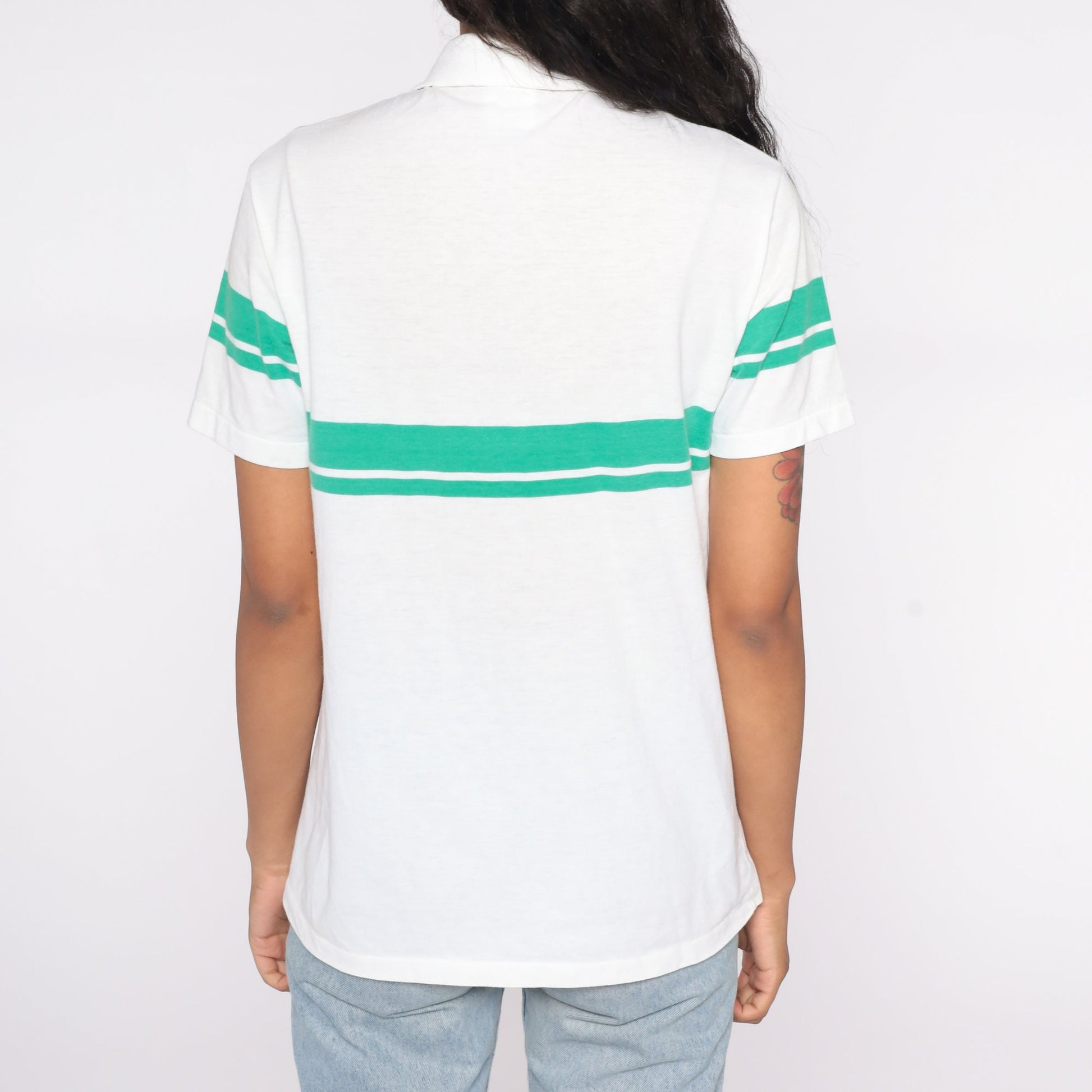 80s Utah Jazz NBA Polo Shirt White Green Striped Half Button Medium