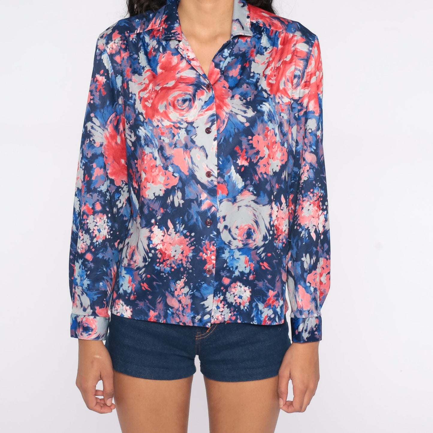 70s Watercolor Rose Print Button-Up Shirt Blue Red Long Sleeve Large
