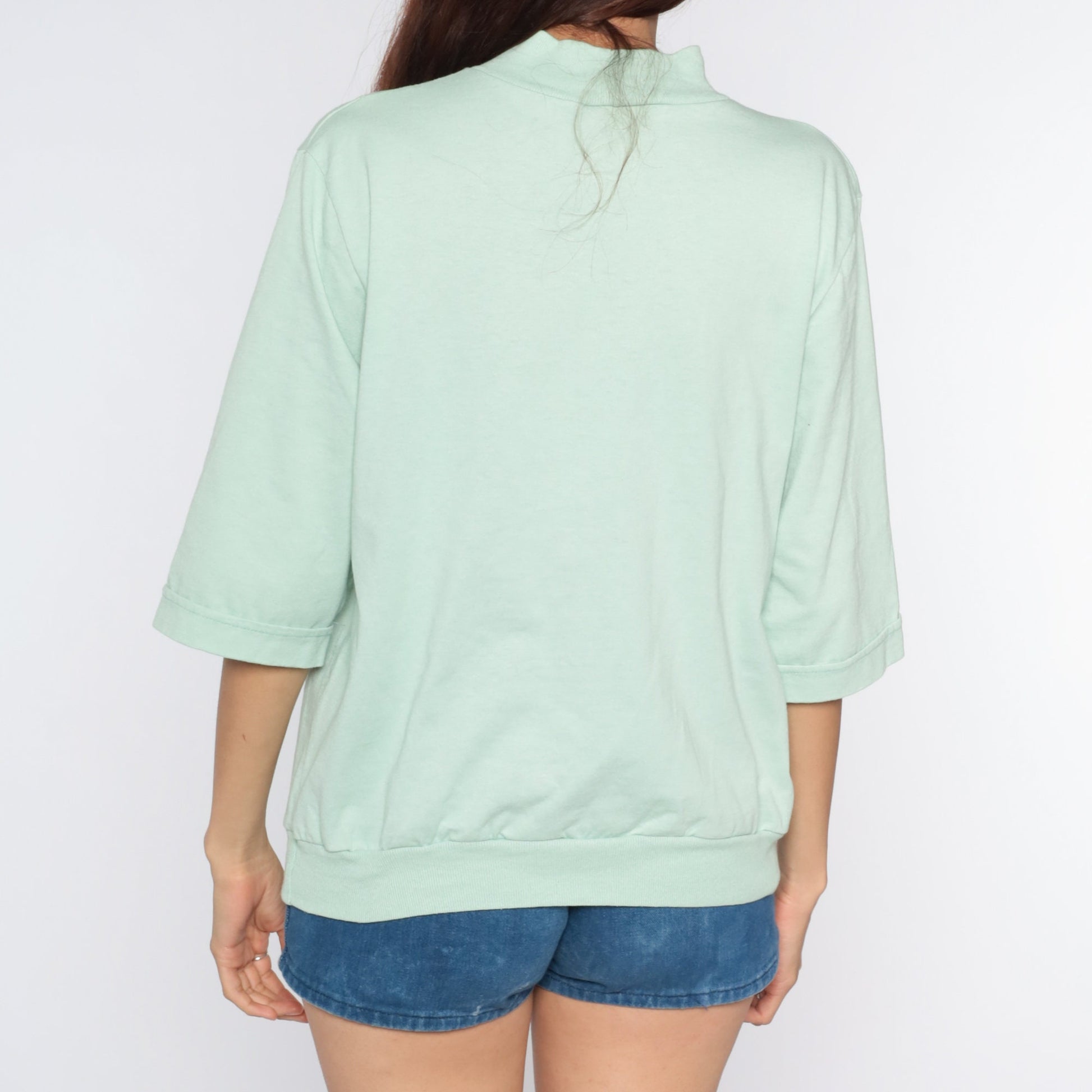 80s Floral Mint Green Shirt 3/4 Sleeve Loose Fit Blouse Large L