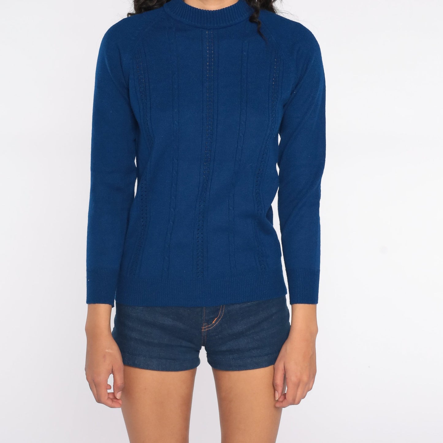 70s Navy Cable Knit Mock Neck Sweater Pullover Small S