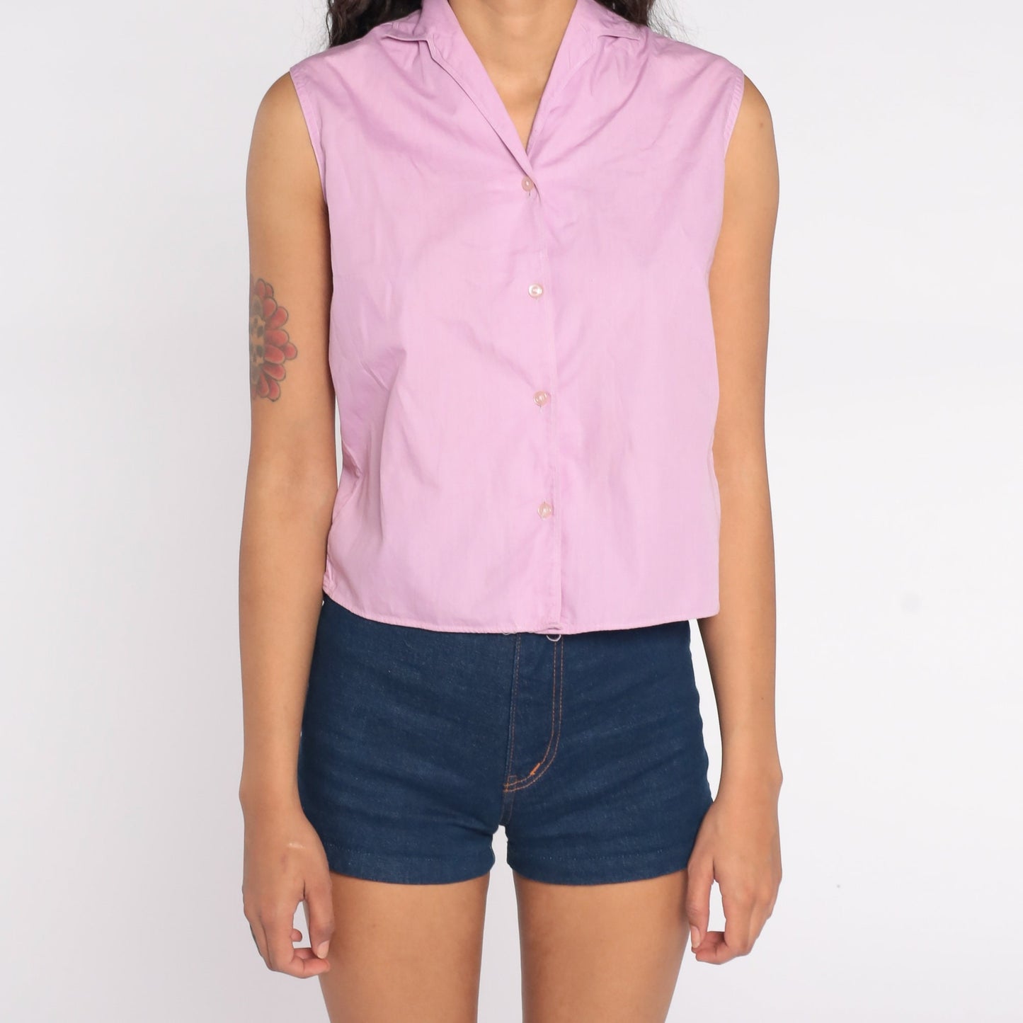 80s Lavender Cotton Button-Up Tank Top Sleeveless Blouse Small