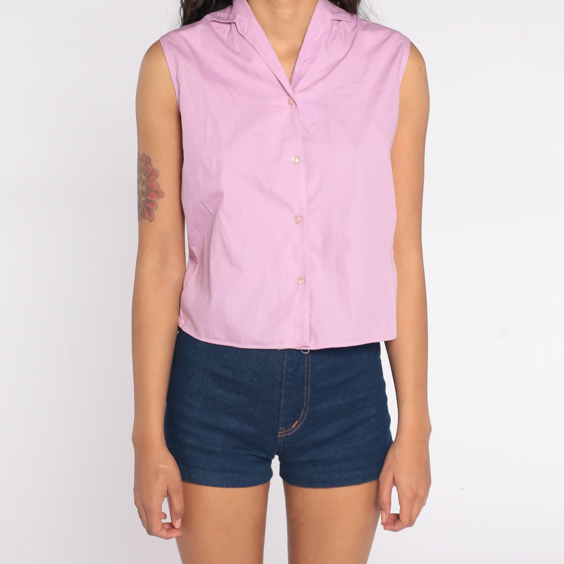 80s Lavender Cotton Button-Up Tank Top Sleeveless Blouse Small