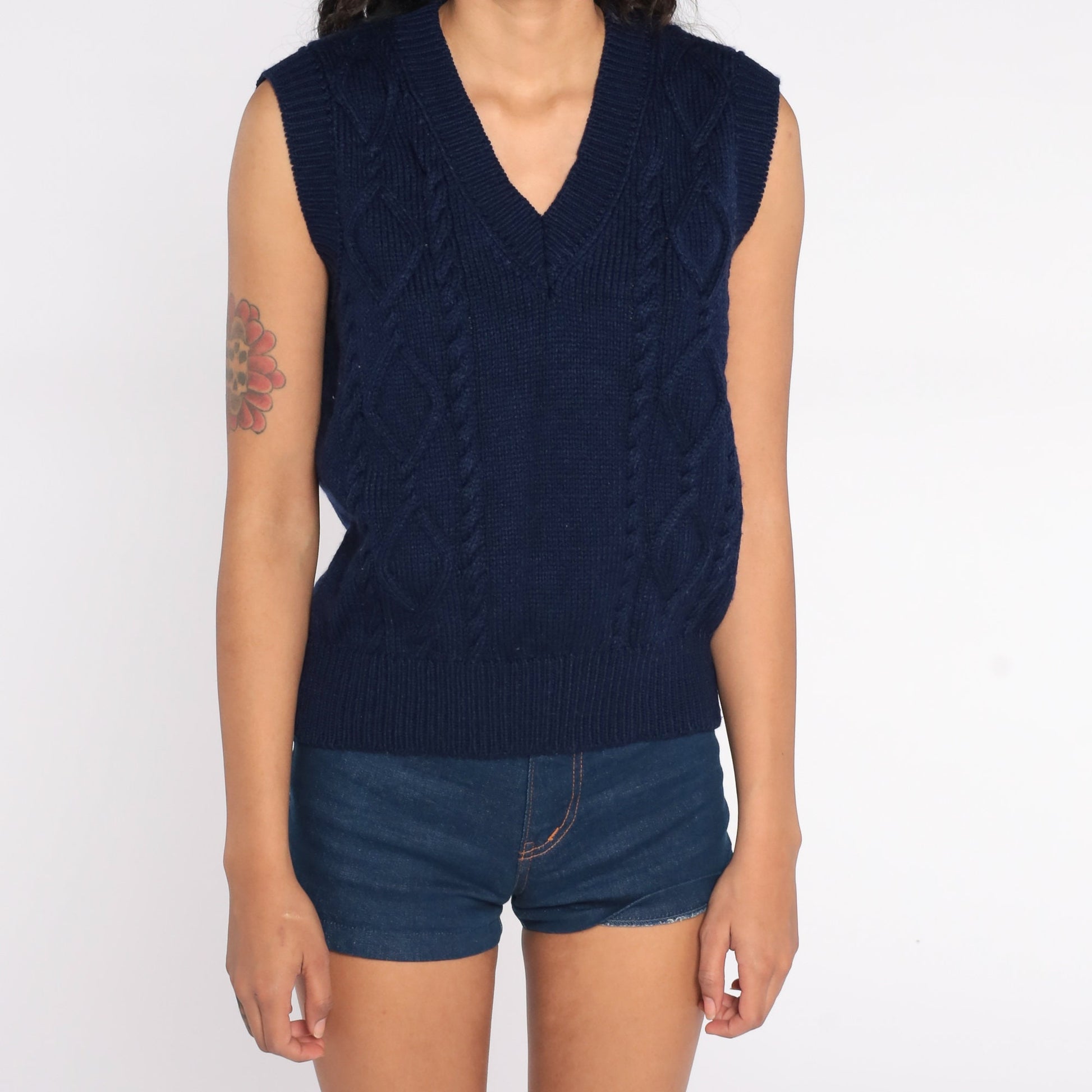80s Navy Cable Knit Sweater Vest Sleeveless V-Neck Medium