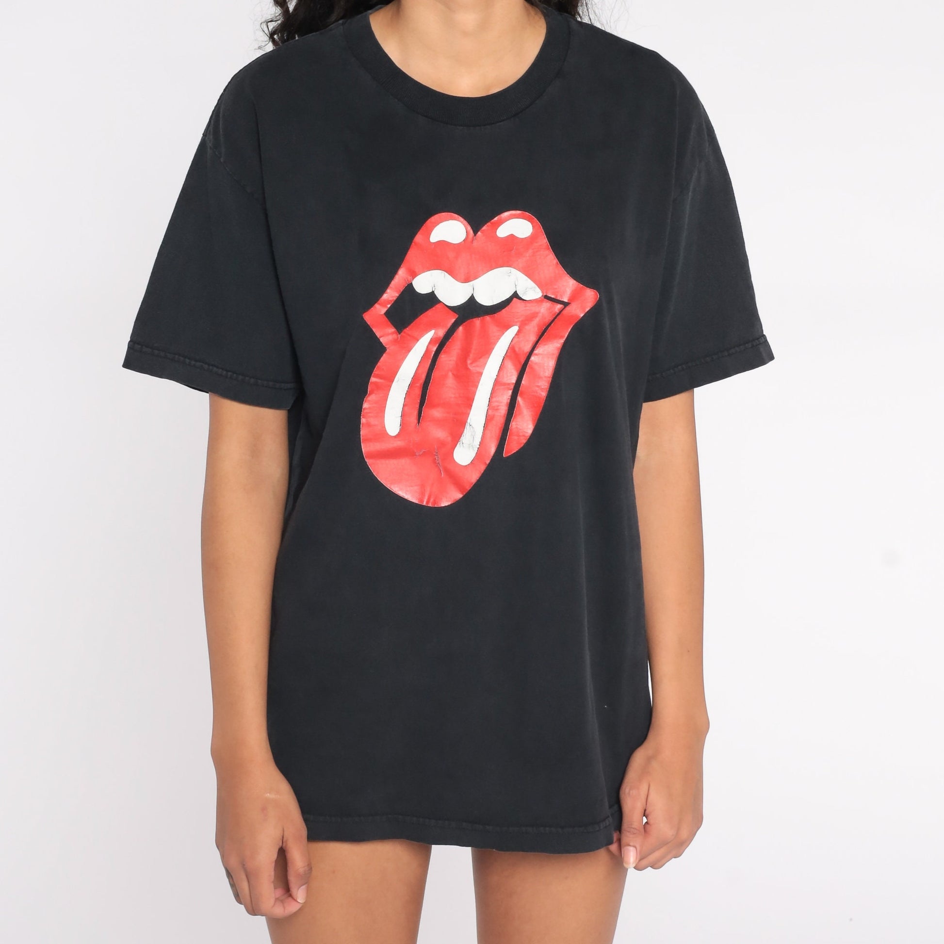 90s Lips Tongue Graphic Band T-Shirt Black Cotton Tee Medium M