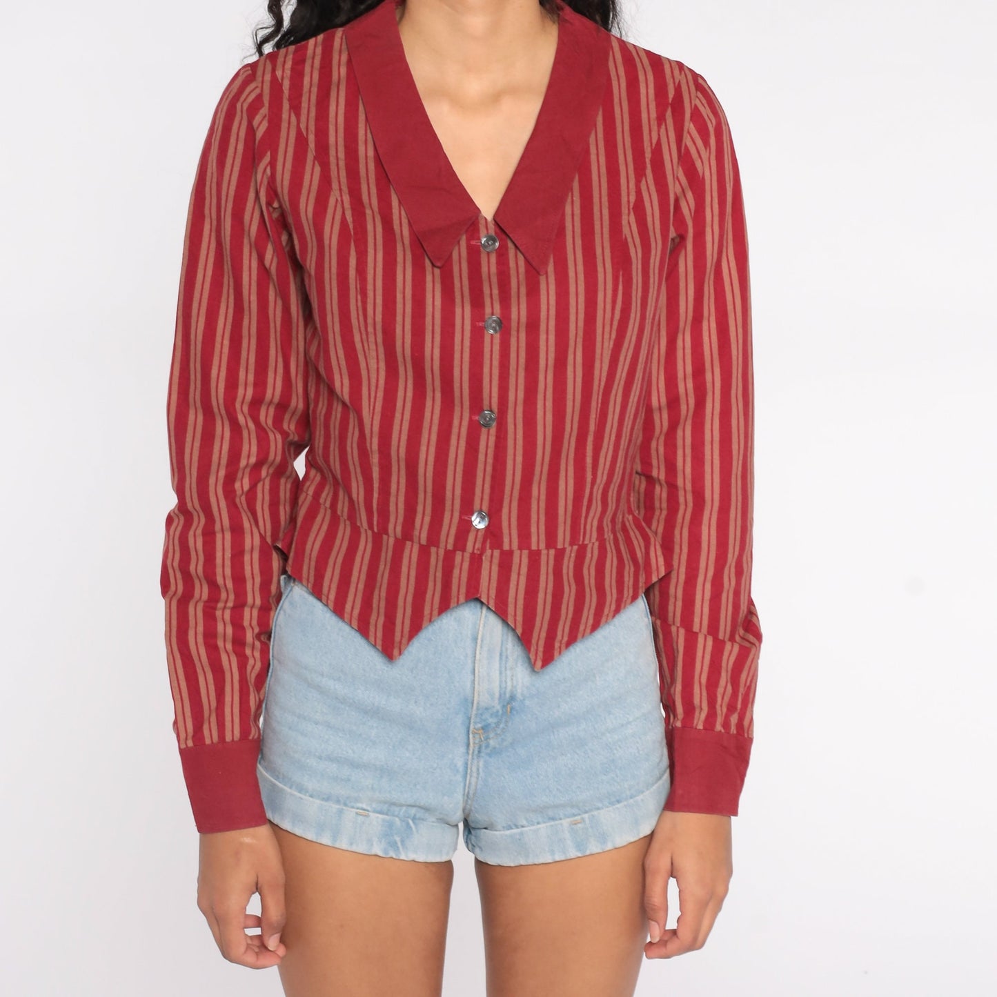 80s Laura Ashley Cotton Striped Button-Up Blouse Chelsea Collar Red Medium