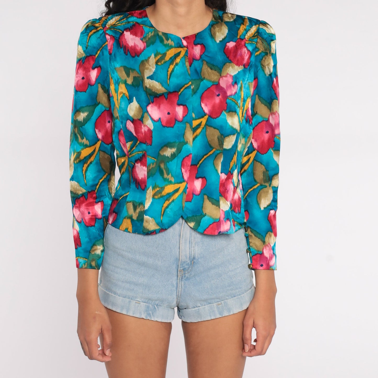 80s Blue Floral Silk Button-Up Blouse Puff Sleeve Medium