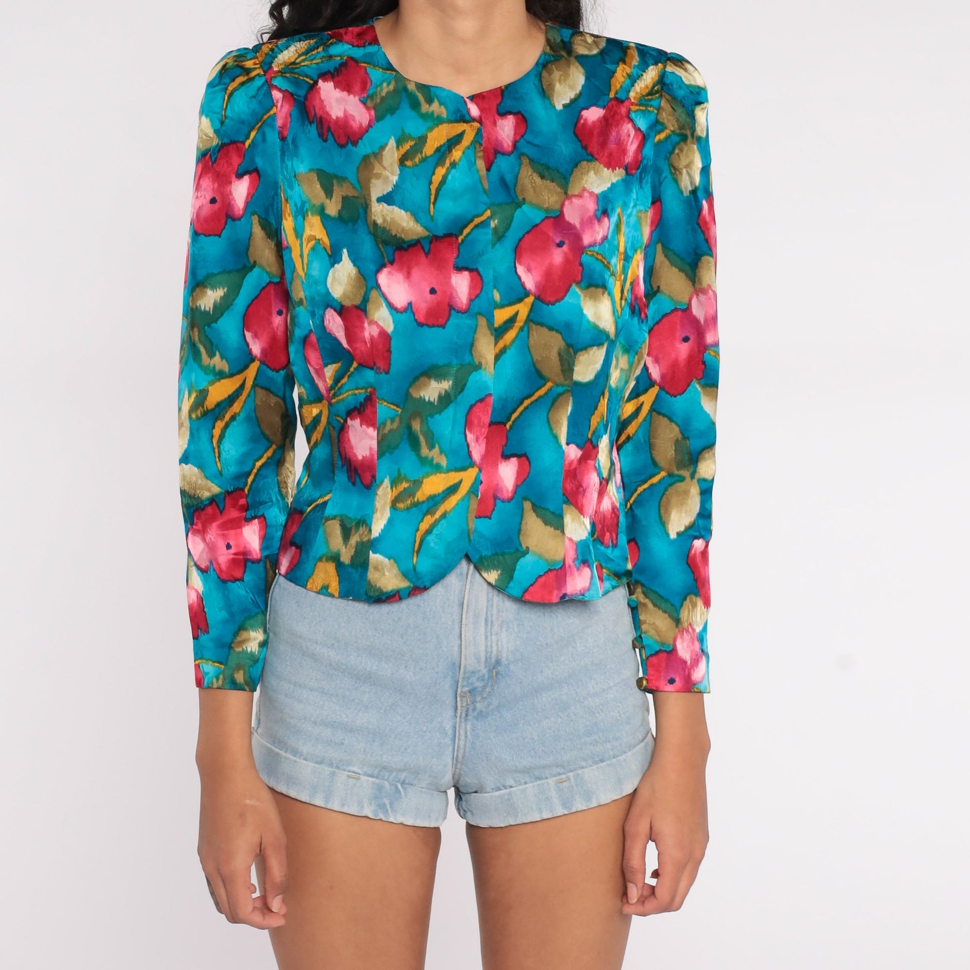 80s Blue Floral Silk Button-Up Blouse Puff Sleeve Medium