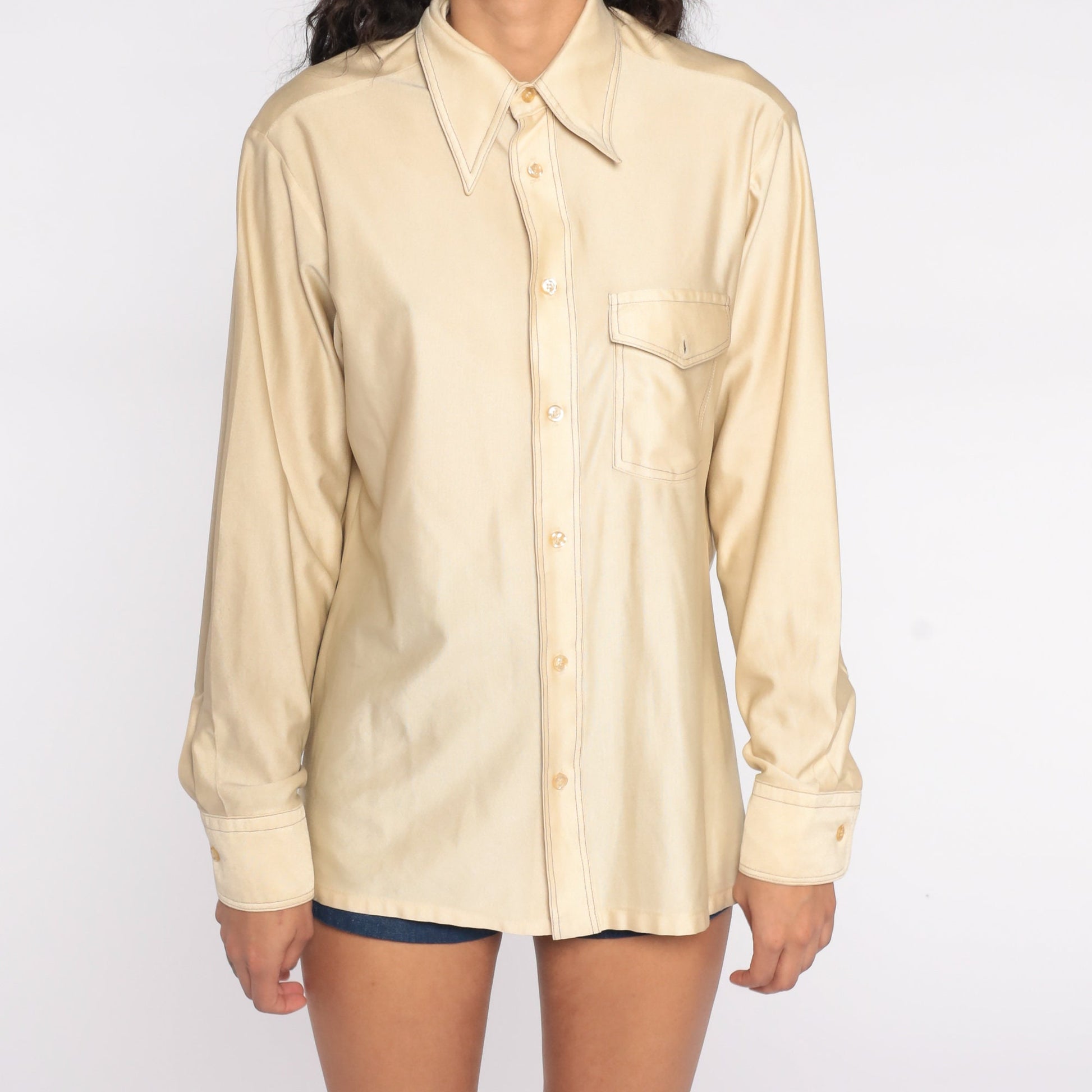 70s JC Penney Champagne Dagger Collar Button-Up Shirt Long Sleeve Medium