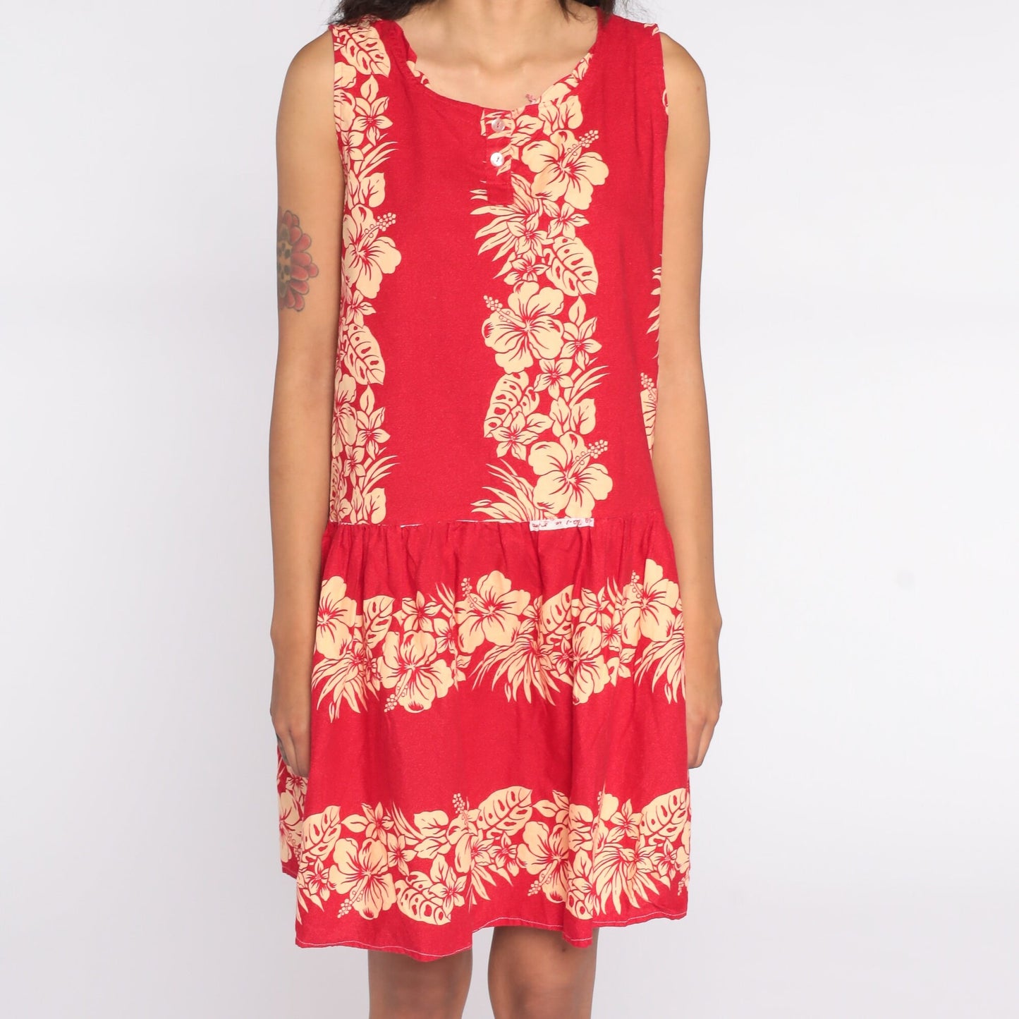 80s Tropical Floral Mini Dress Red Button-Up Sleeveless Medium