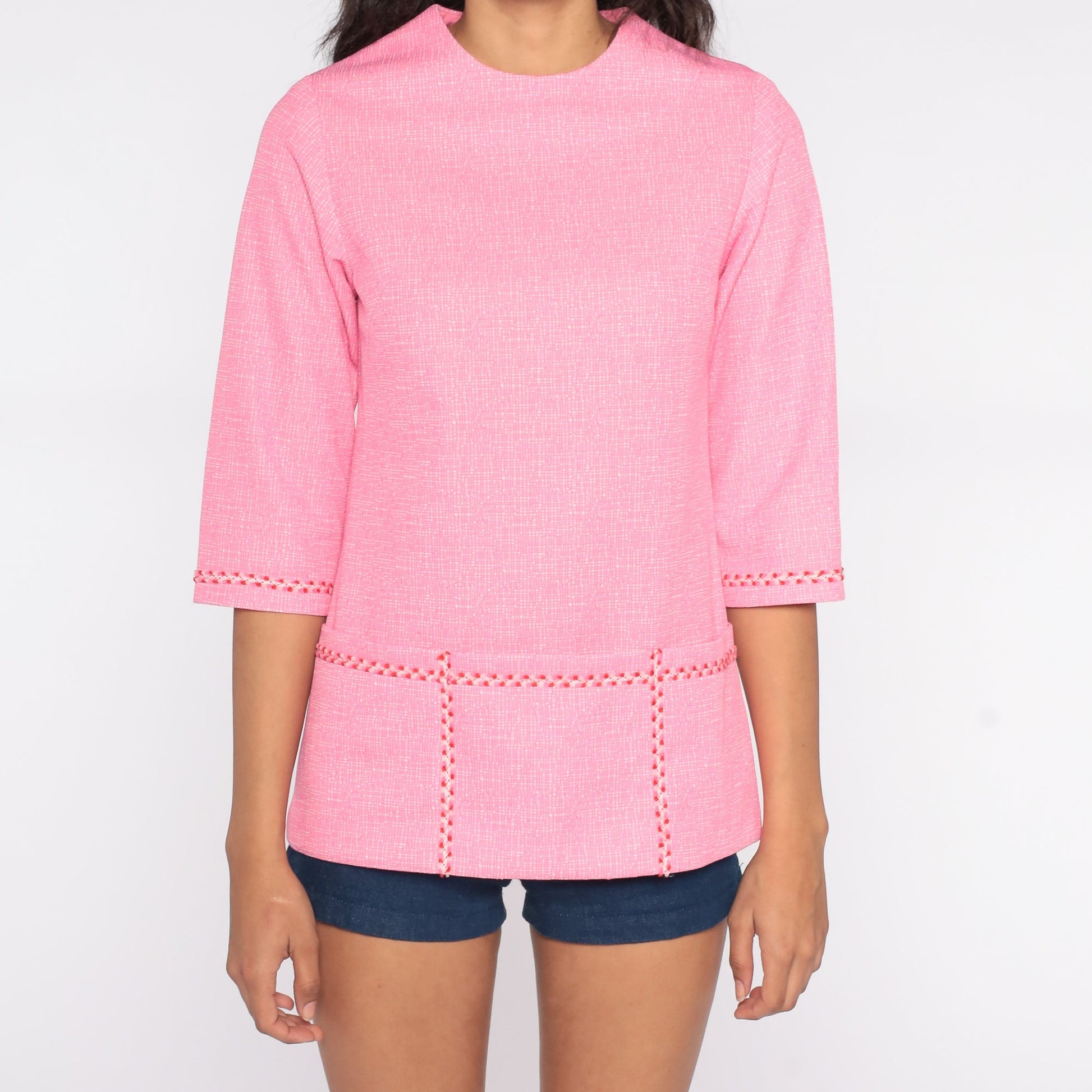 70s Pink Mod Blouse Pocket Shirt 3/4 Sleeve Polyester Knit Small S