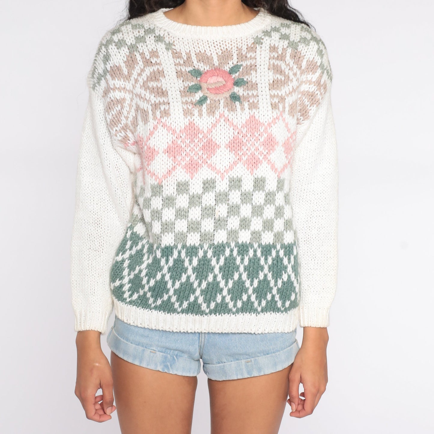 90s White Embroidered Rose Knit Sweater Checkered Argyle Pullover Medium