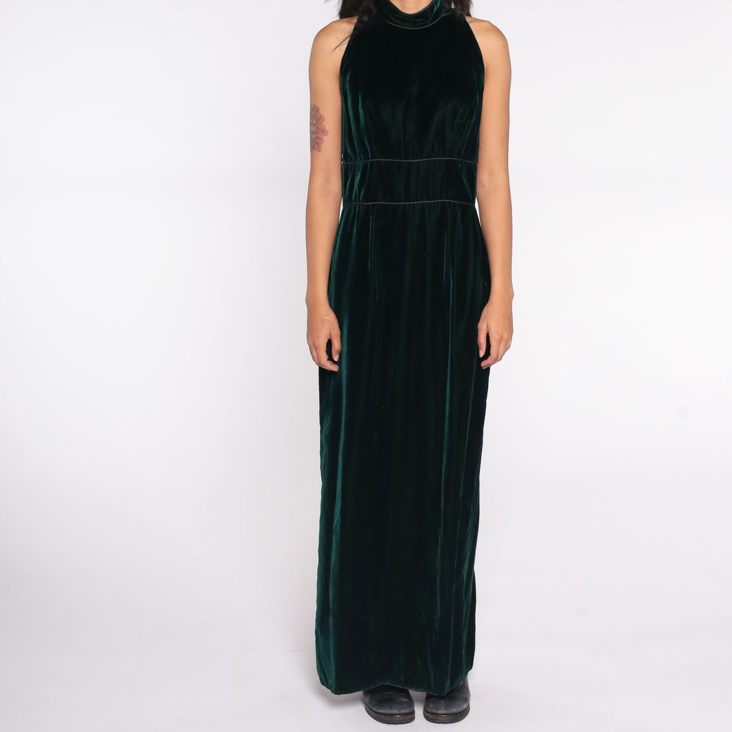 1970s Green Velvet Maxi Dress High Waist Bow Back Sleeveless Small Medium