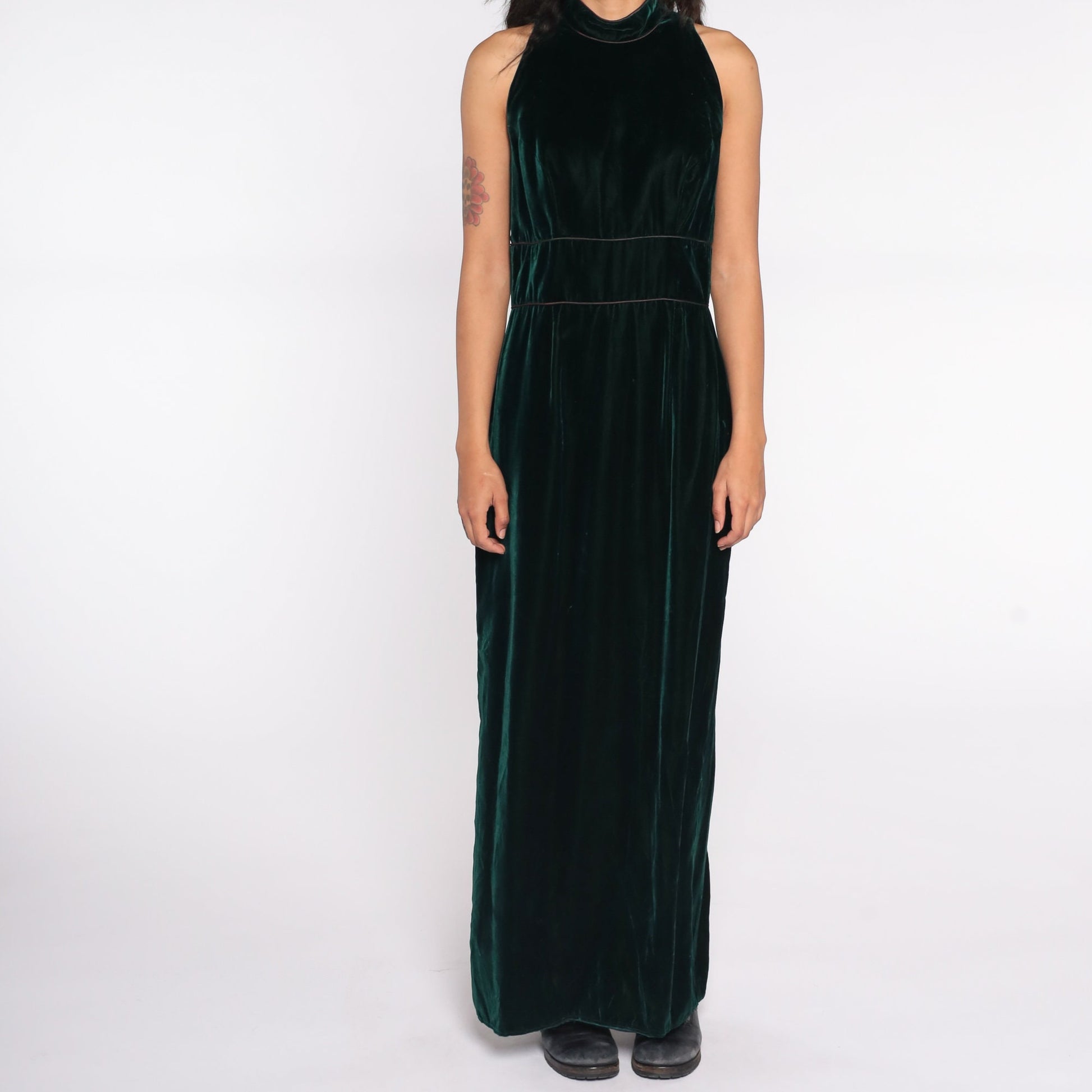 1970s Green Velvet Maxi Dress High Waist Bow Back Sleeveless Small Medium