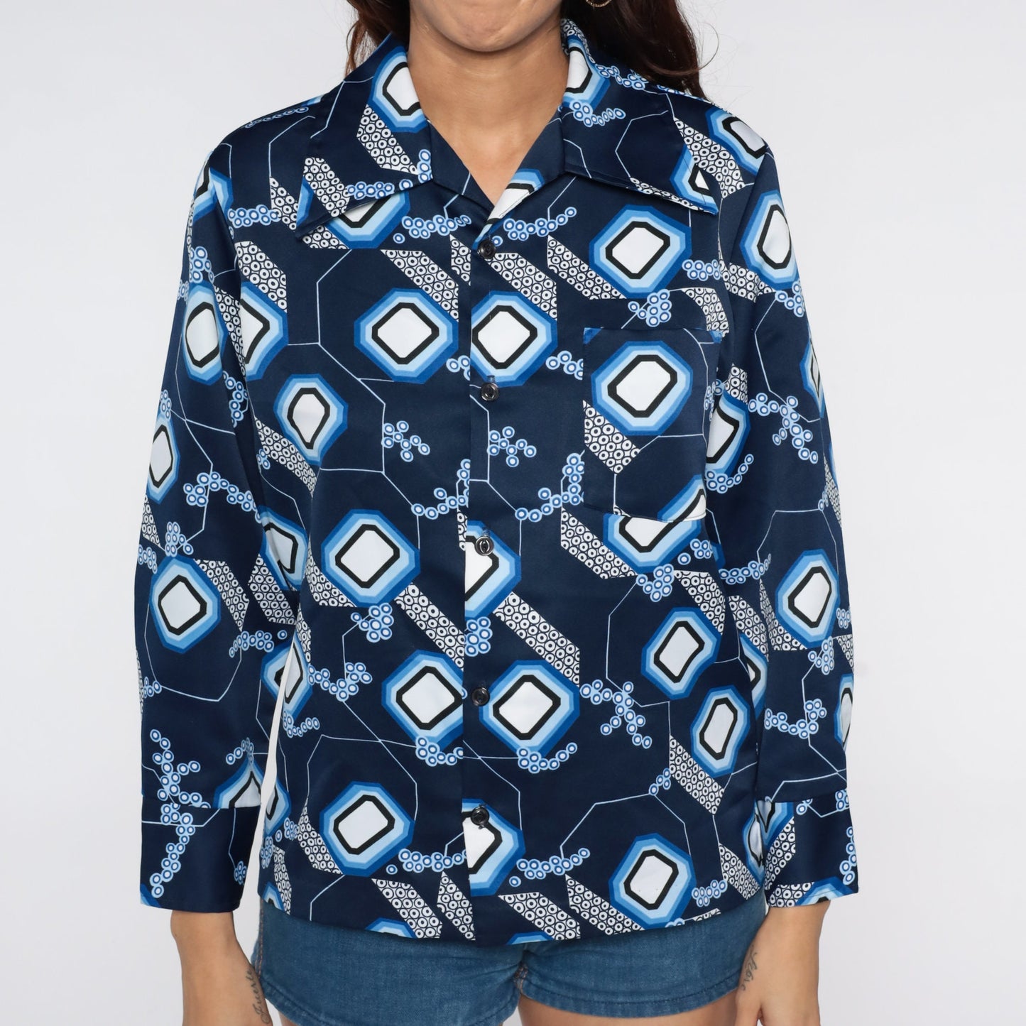70s Geometric Blue Dagger Collar Button-Up Shirt Long Sleeve Large L