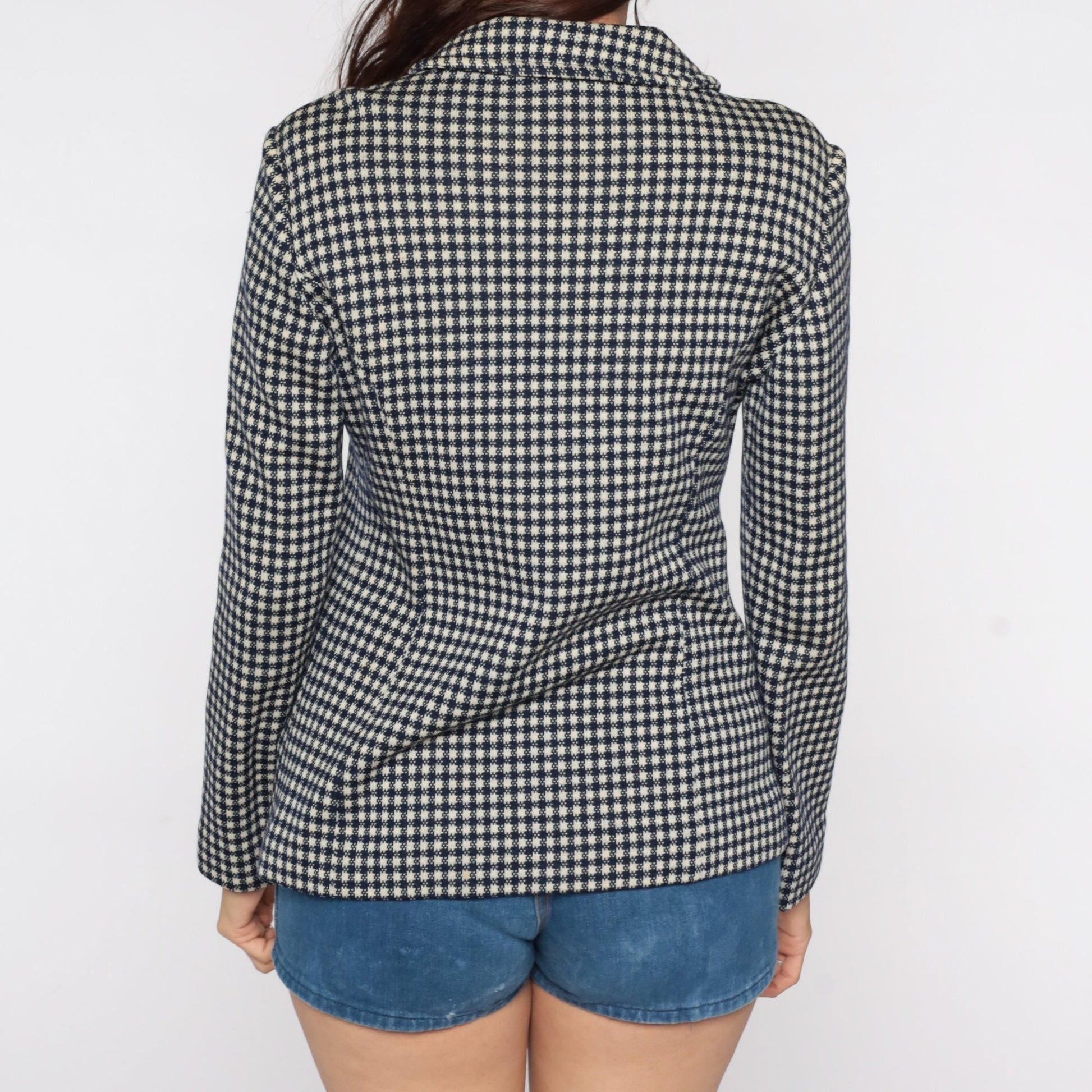 60s Navy Plaid Wool Blazer Jacket Mod Checkered Small