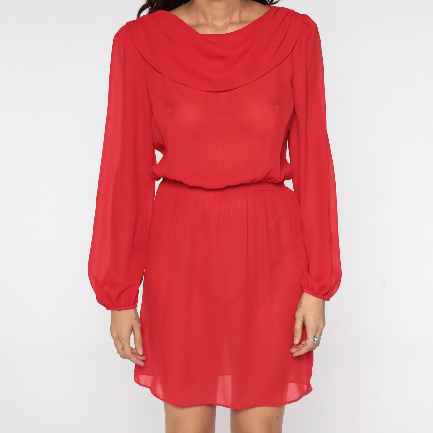 80s Red Cowl Neck Midi Dress Puff Sleeve High Waisted Sheer Small S